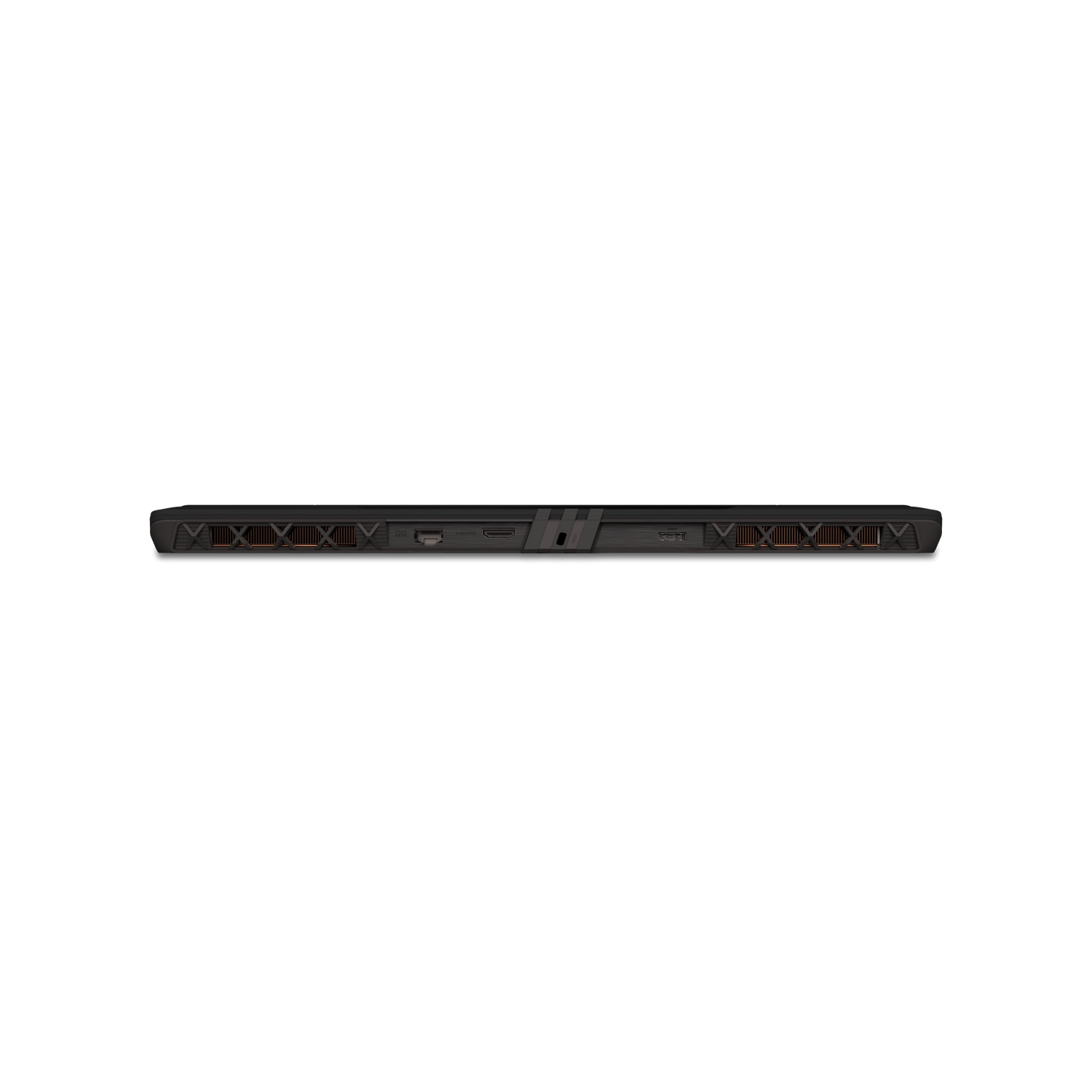 A black laptop's bottom edge is shown against a white background. It has multiple ports and a distinctive patterned design with vents.