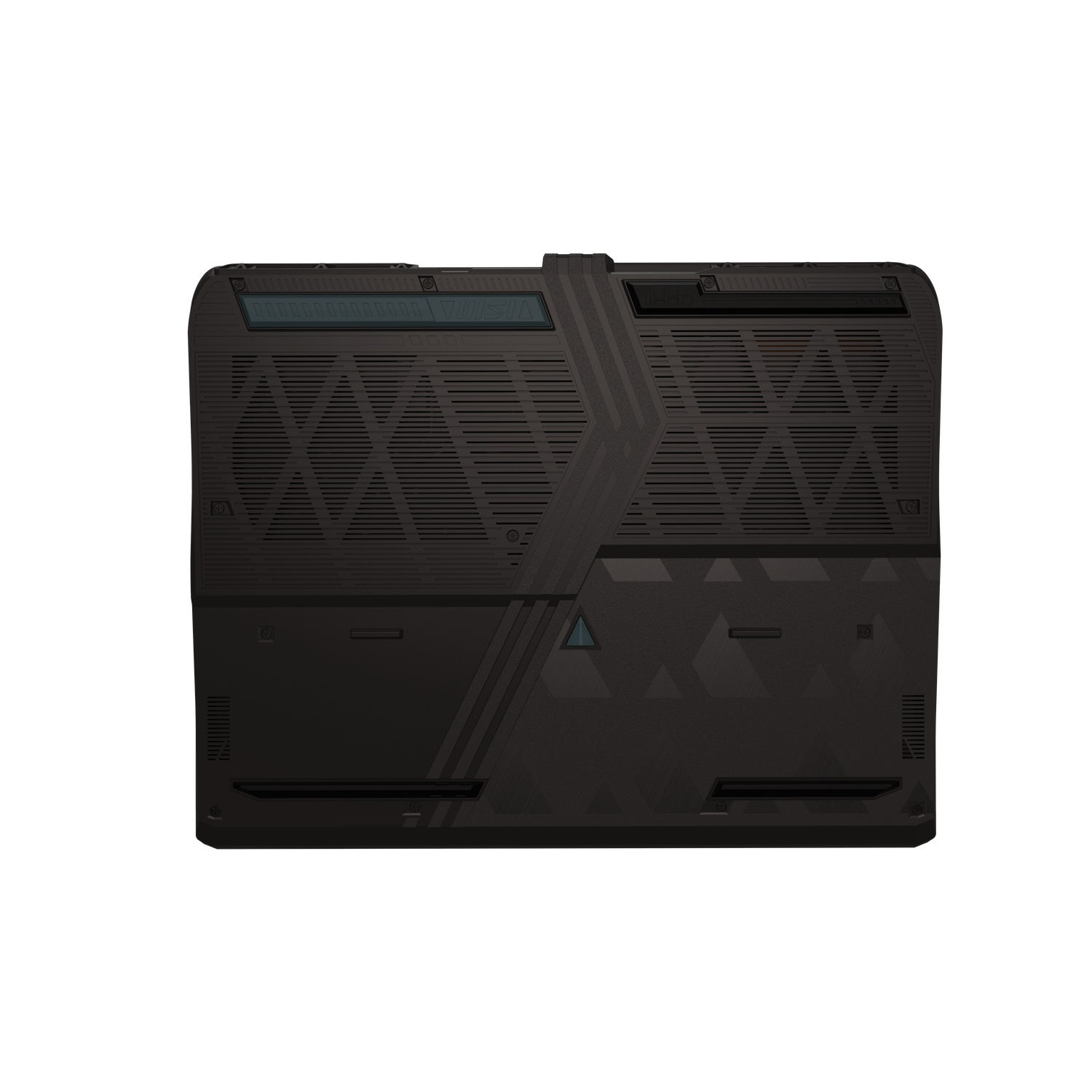 A black laptop's underside is shown against a white background. It has ventilation holes and geometric patterns. The design is modern and sleek.