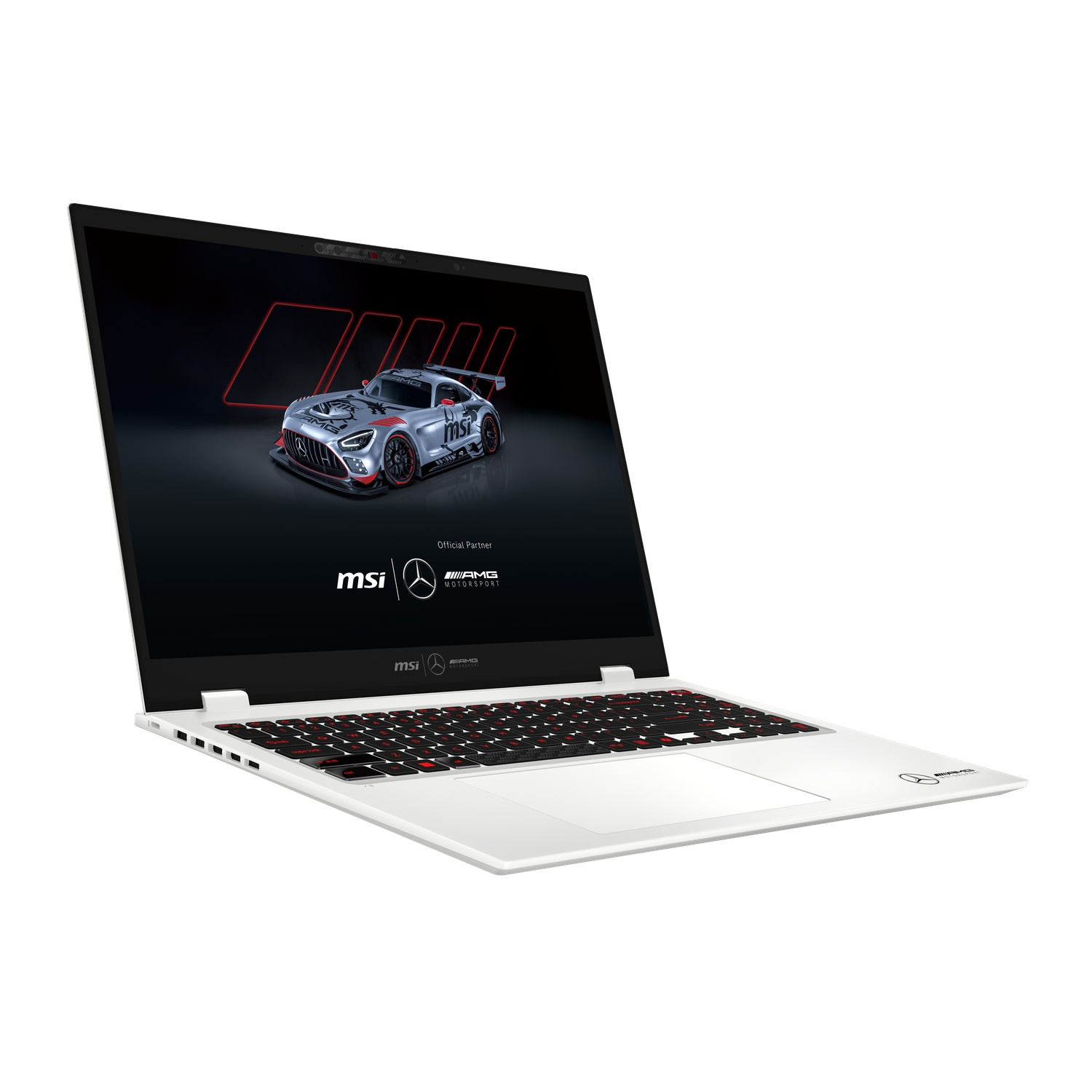 White laptop with red keyboard. Screen shows a race car, MSI and AMG logos. Official Partner text.