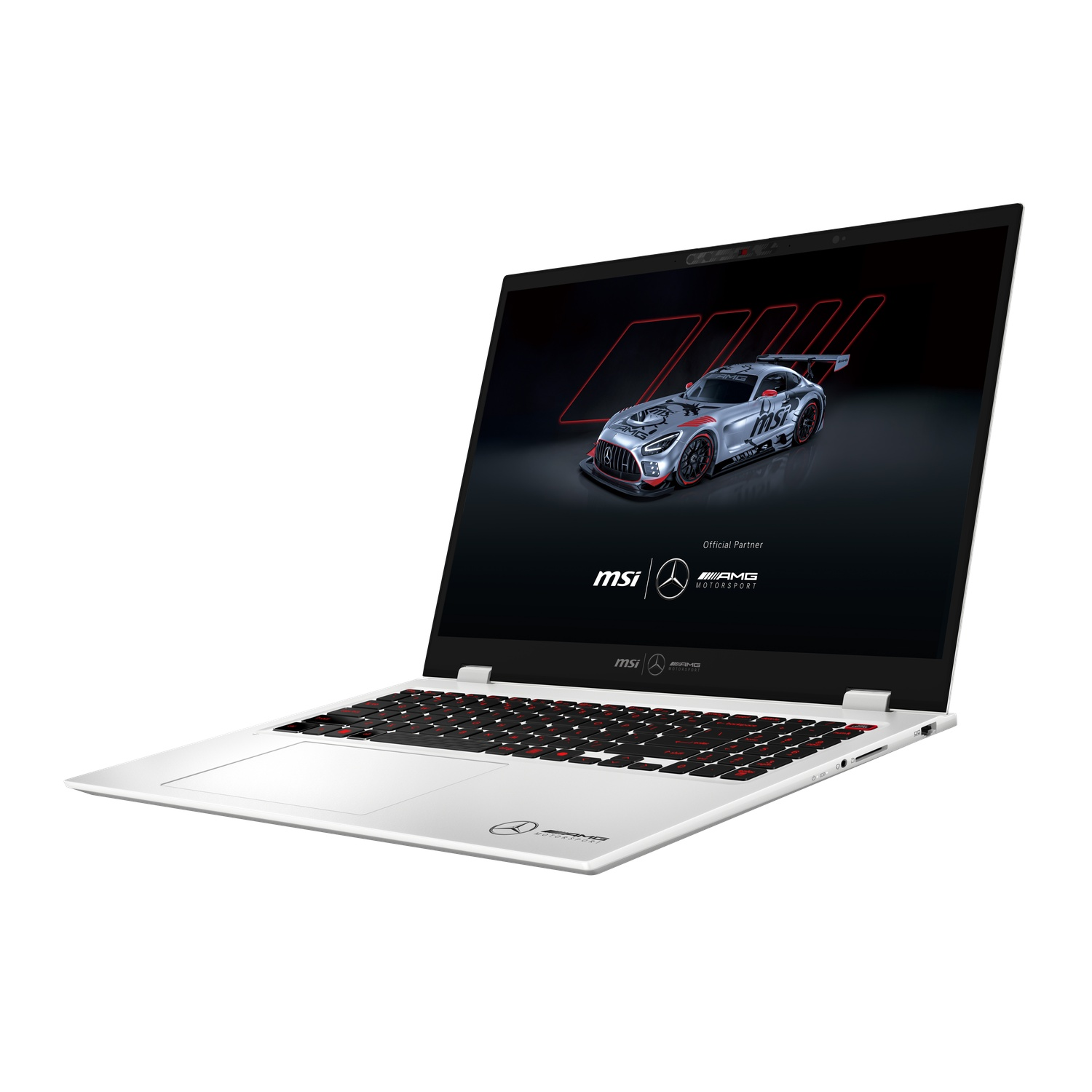 White laptop with black screen displaying a car. Red keyboard and logos are visible. The laptop is open.