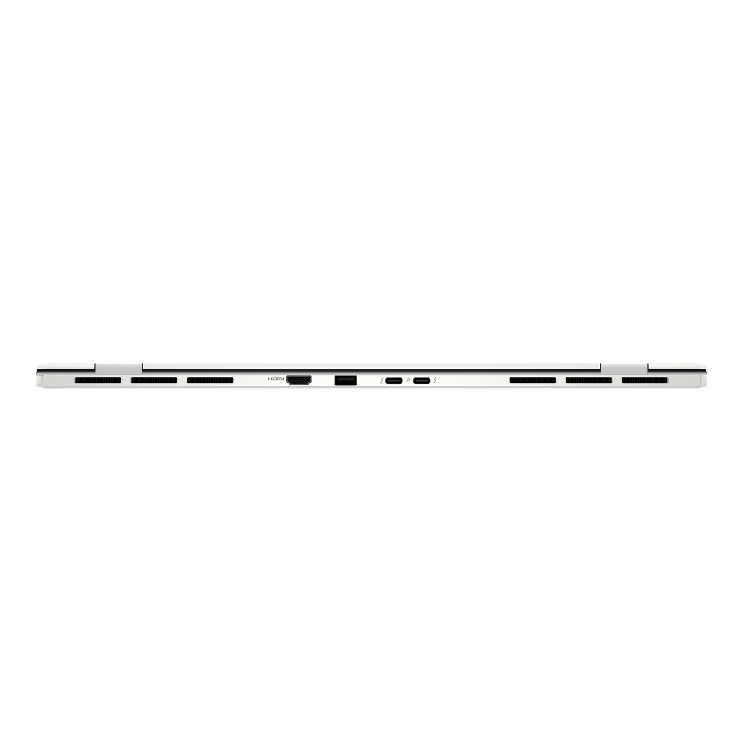 A silver laptop's bottom edge is shown, featuring ports like HDMI and USB-C, along with ventilation slots. The background is white.