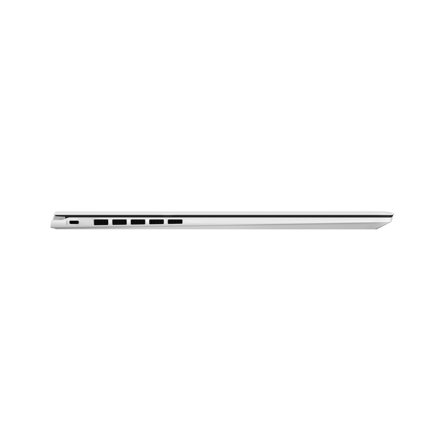 Side view of a silver laptop, showing ports and vents. The laptop is on a white background.