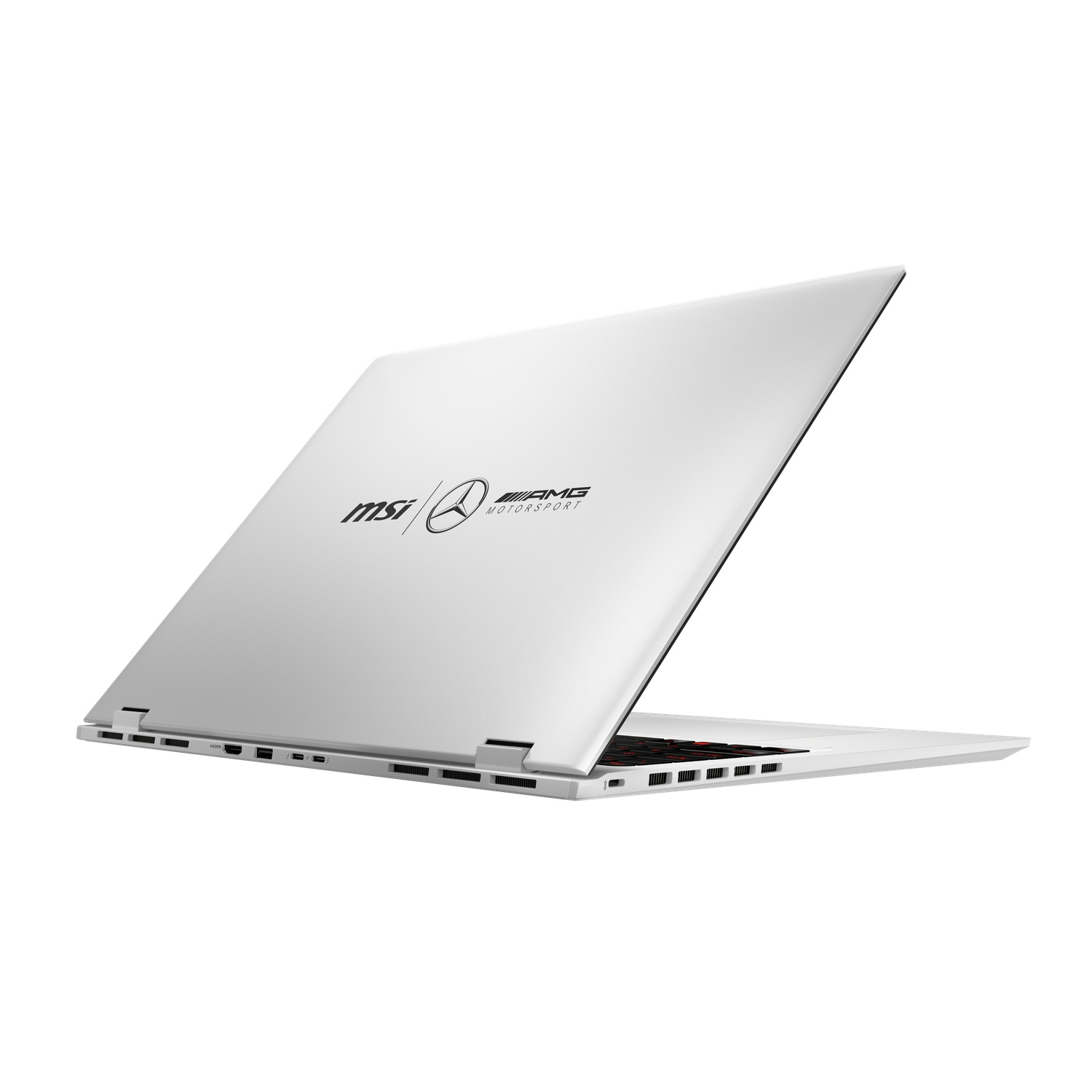 A white laptop with the MSI and AMG Motorsport logos on the back. The screen is open, revealing black keys and red accents.