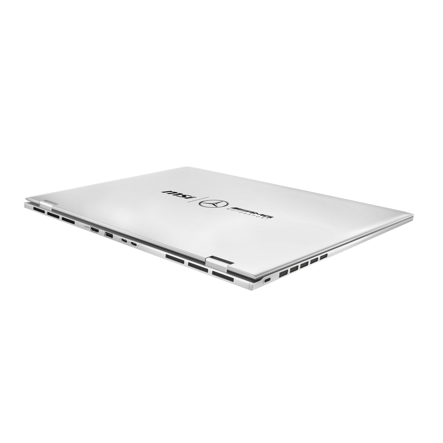 A silver laptop is slightly angled. The top shows the MSI logo and an AMG logo. Ports are visible on the sides.