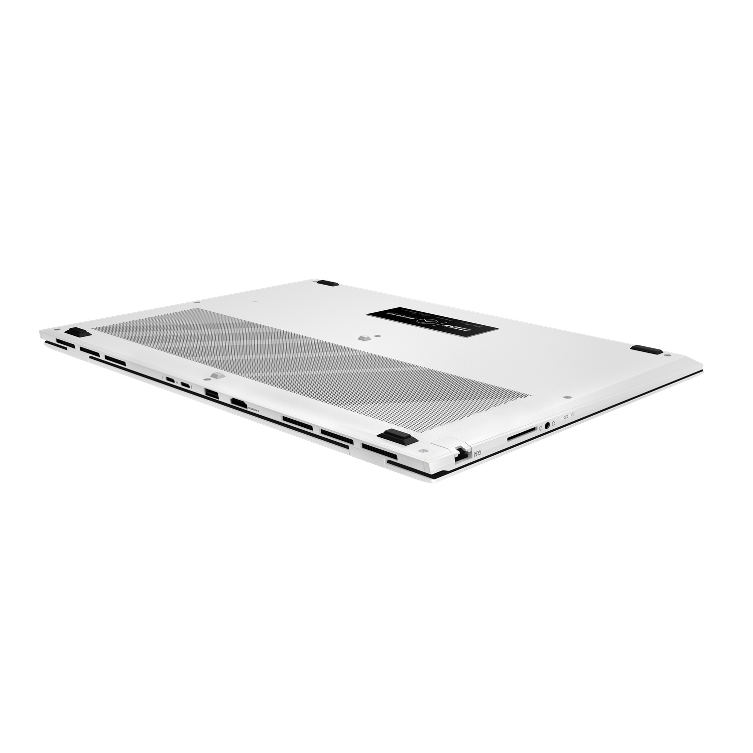 A white laptop is shown from a low angle. The bottom of the laptop is visible, revealing vents, ports, and a logo.
