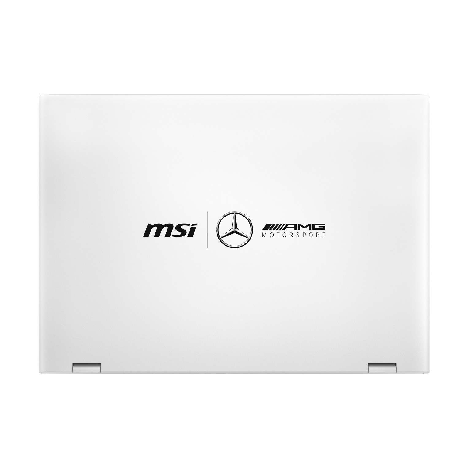 White laptop lid with MSI, Mercedes-Benz logo and AMG Motorsport. Hinges are visible at the bottom corners.