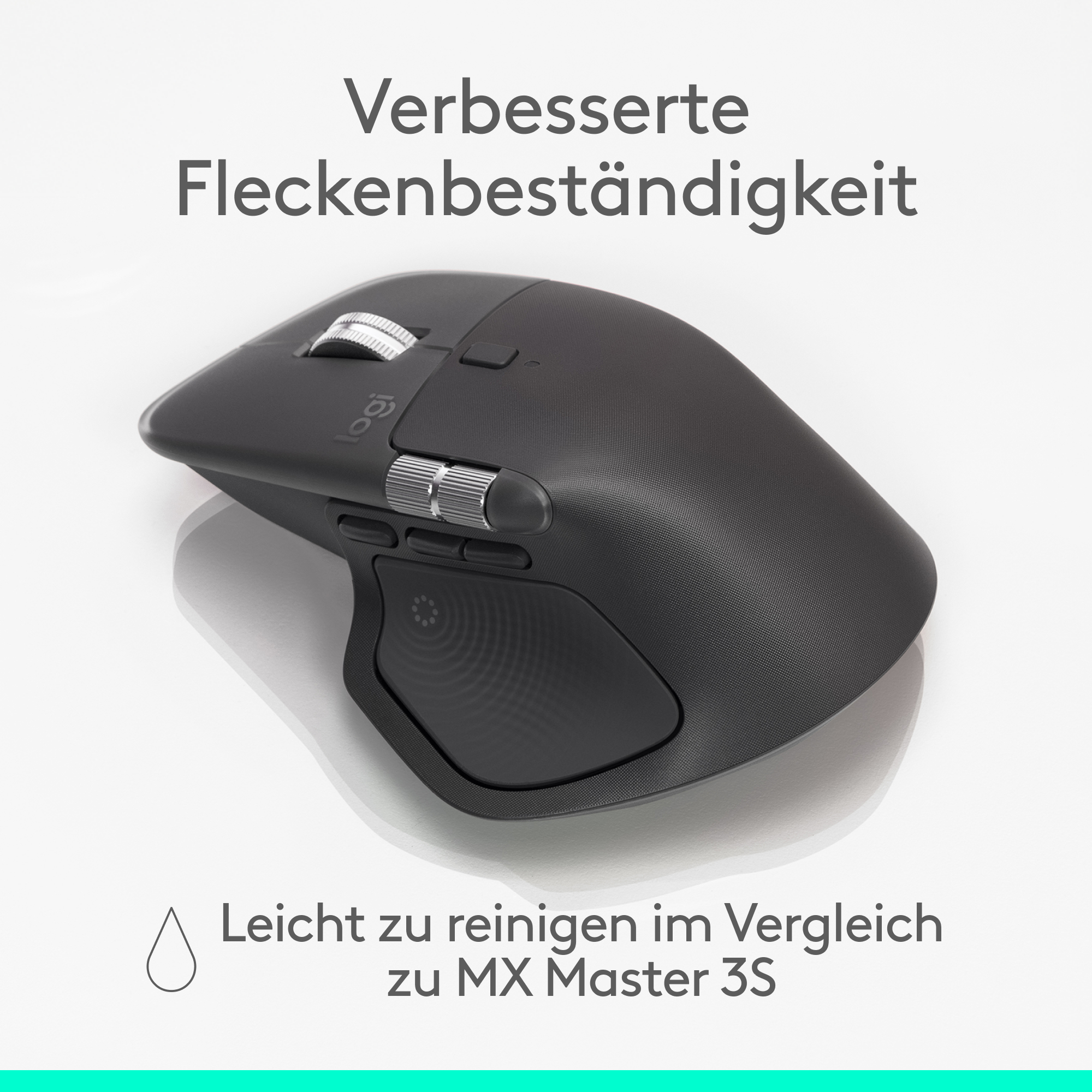 Eine schwarze ergonomische Maus mit silbernen Akzenten. Der Text auf Deutsch besagt verbesserte Fleckenbeständigkeit und einfache Reinigung.