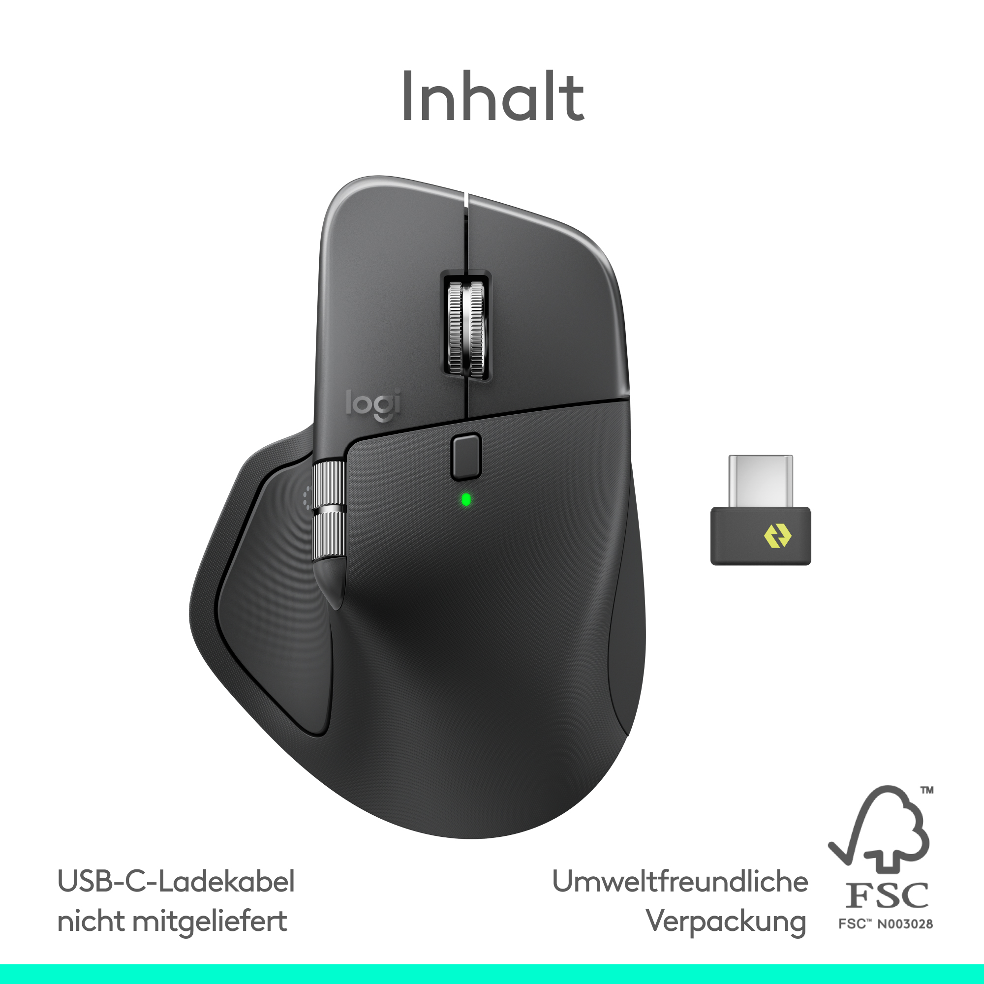 Eine schwarze Logitech-Maus mit USB-Empfänger. Text: Inhalt, USB-C-Ladekabel nicht enthalten, umweltfreundliche Verpackung.