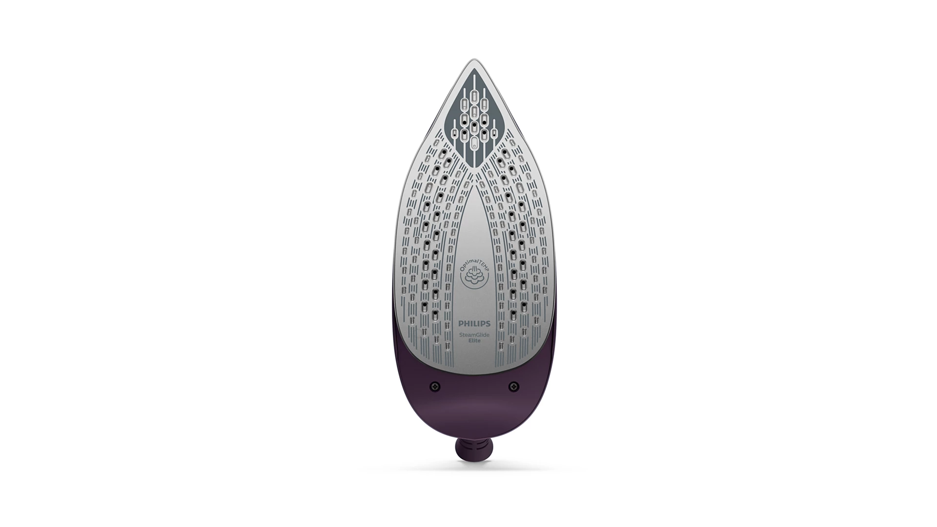 Egy Philips SteamGlide Elite vasaló, ezüst és lila, alulról. A vasaló hegyes végű és lekerekített alappal rendelkezik.