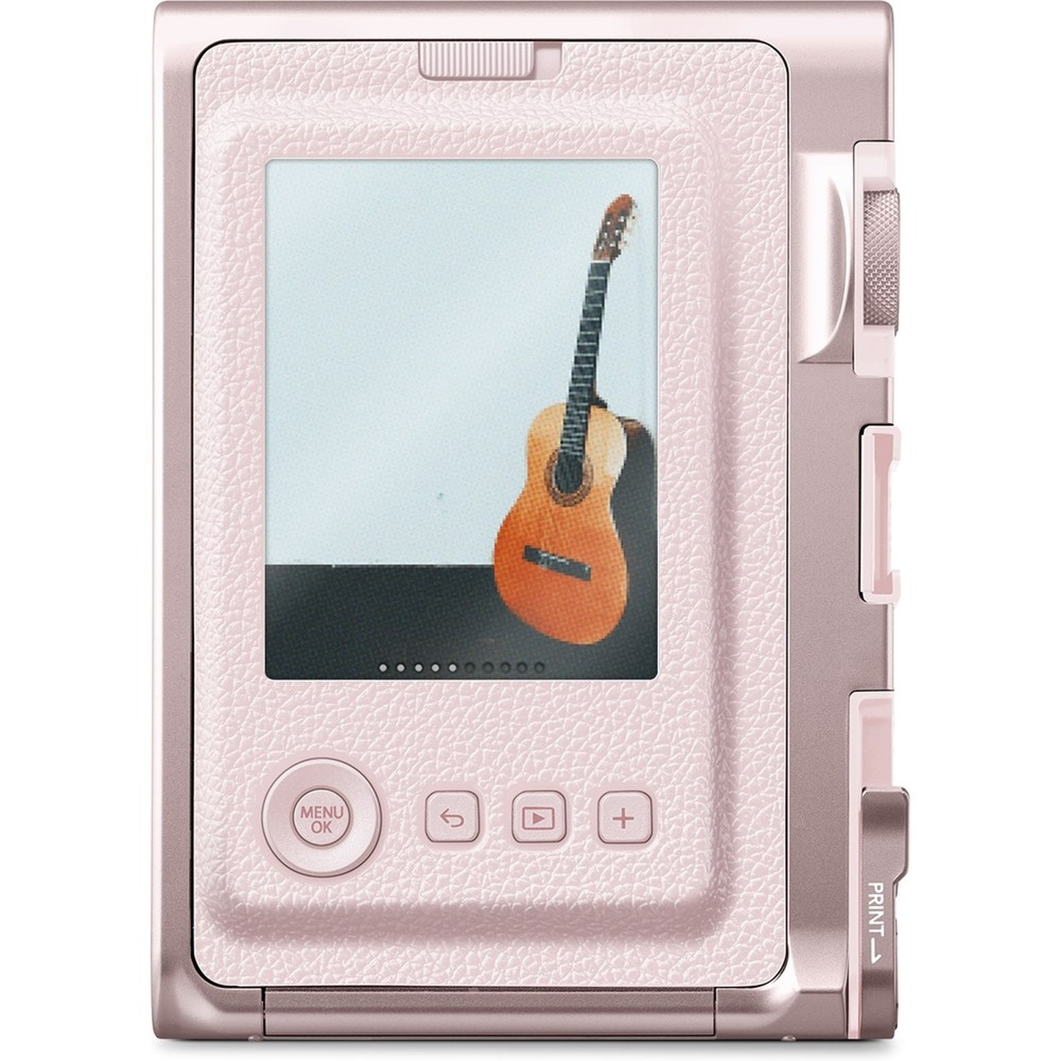 Pink instant camera displaying a guitar image. Buttons include menu, back, play, and plus. Print button on the side.
