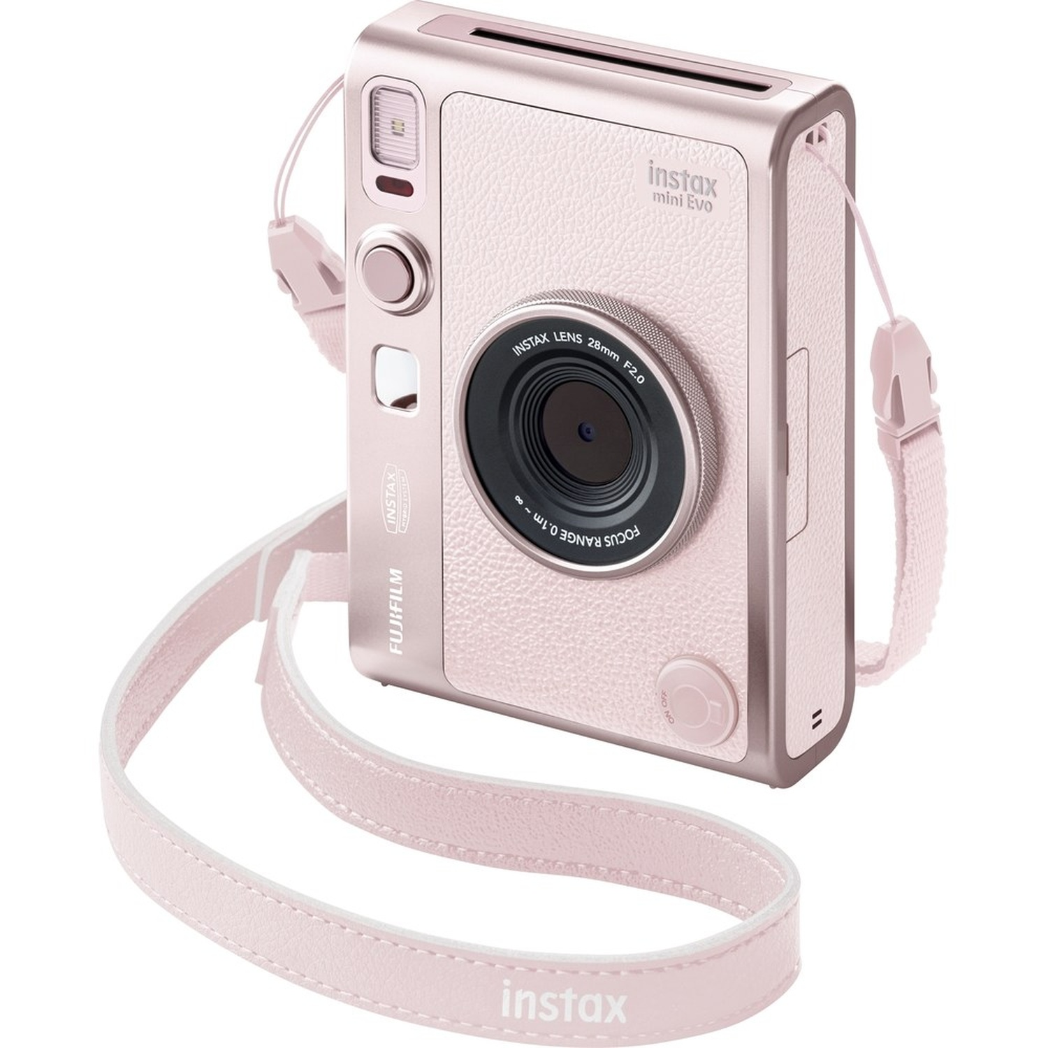 A pink Instax Mini Evo camera with a lens, strap, and buttons. The strap is pink and the camera has the Instax logo on it.