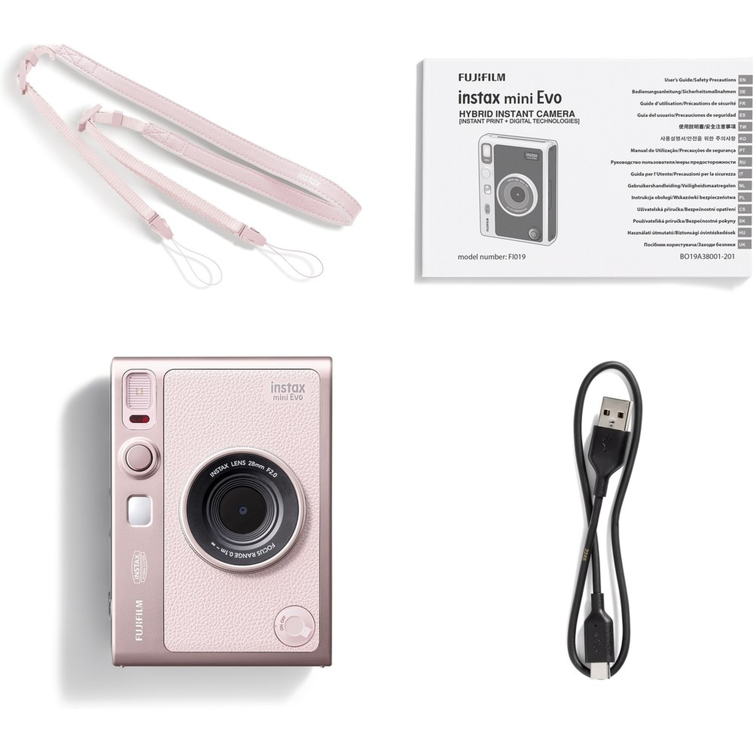 Pink Instax Mini Evo camera, strap, manual, and USB cable on white background.