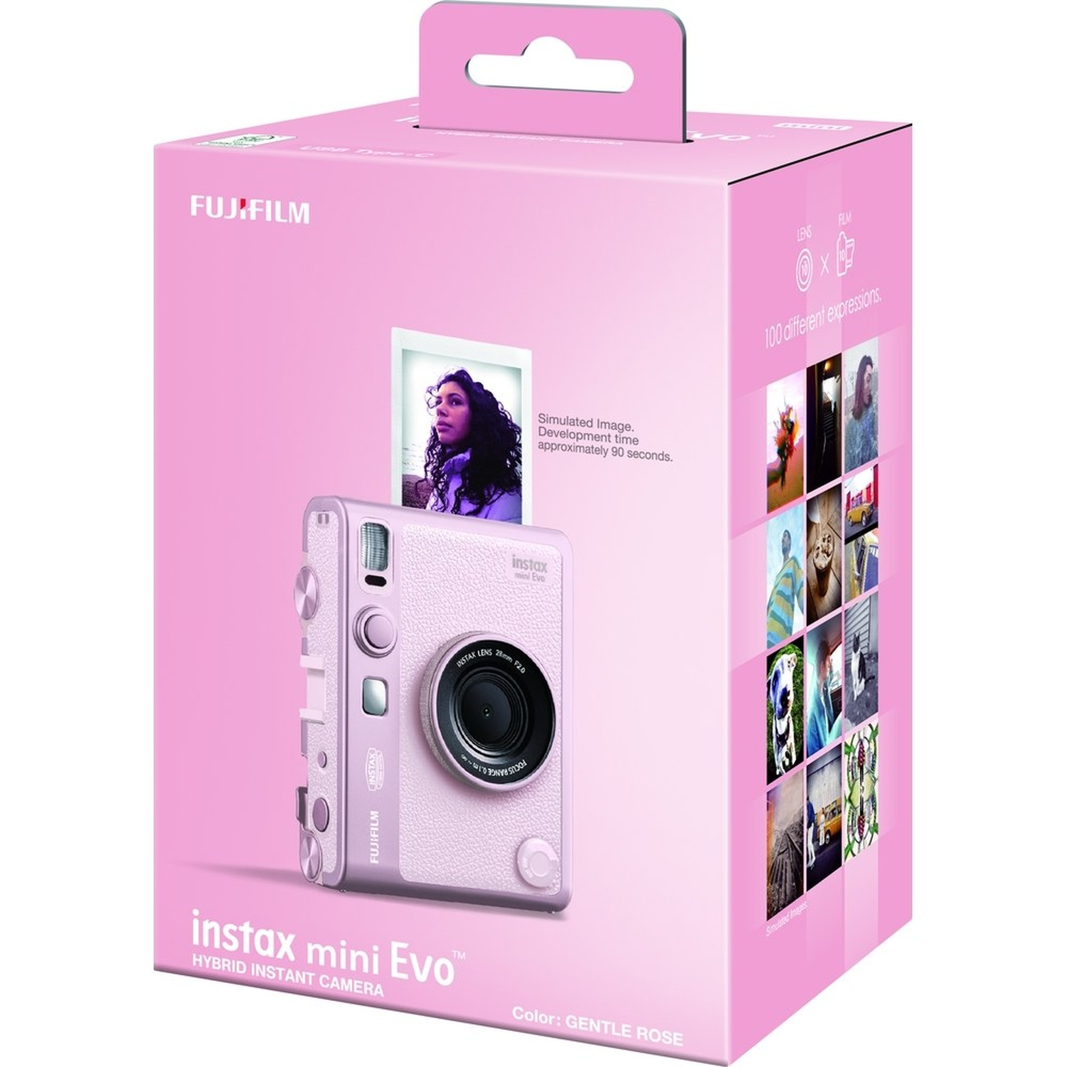 A pink Fujifilm Instax Mini Evo camera and its box. The box has a photo of a woman and sample photos. The camera is light pink.