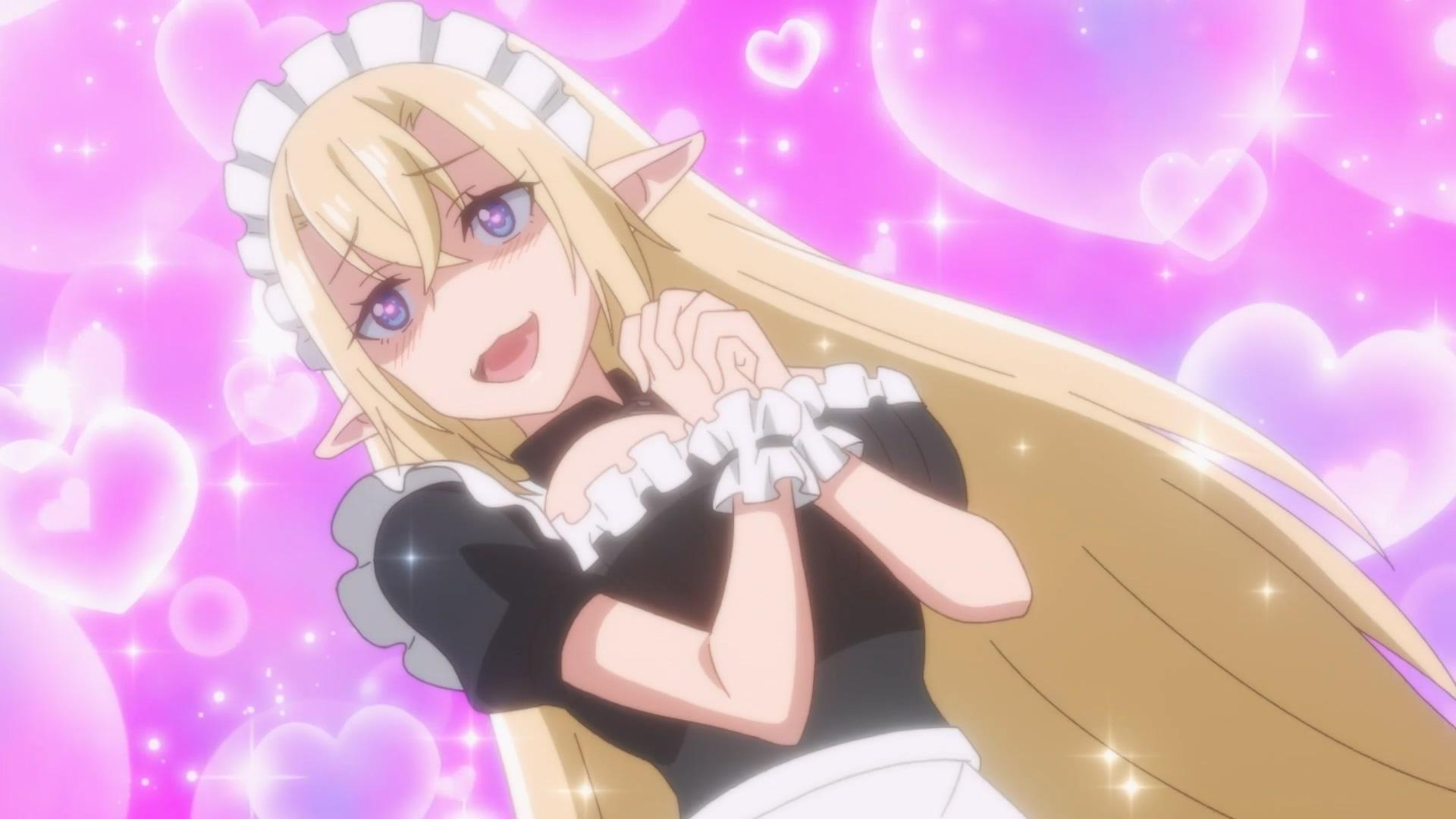 Anime-Mädchen mit blonden Haaren, trägt ein Dienstmädchen-Outfit, umgeben von Herzen. Sie hat Elfenohren und lächelt.
