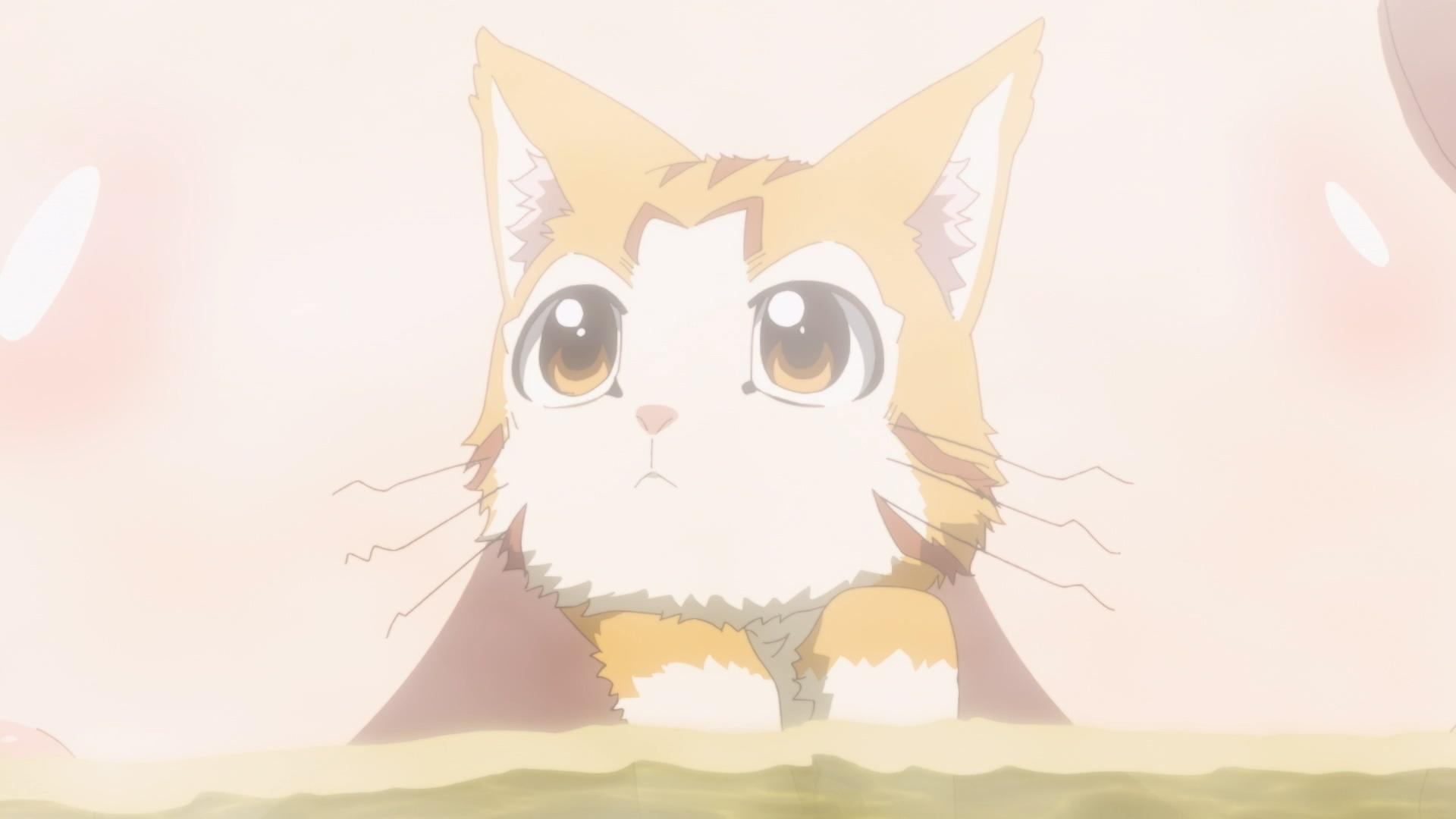 Eine Cartoon-Katze mit orange-weißem Fell, großen Augen und Schnurrhaaren. Vor einem weichen, hellen Hintergrund.
