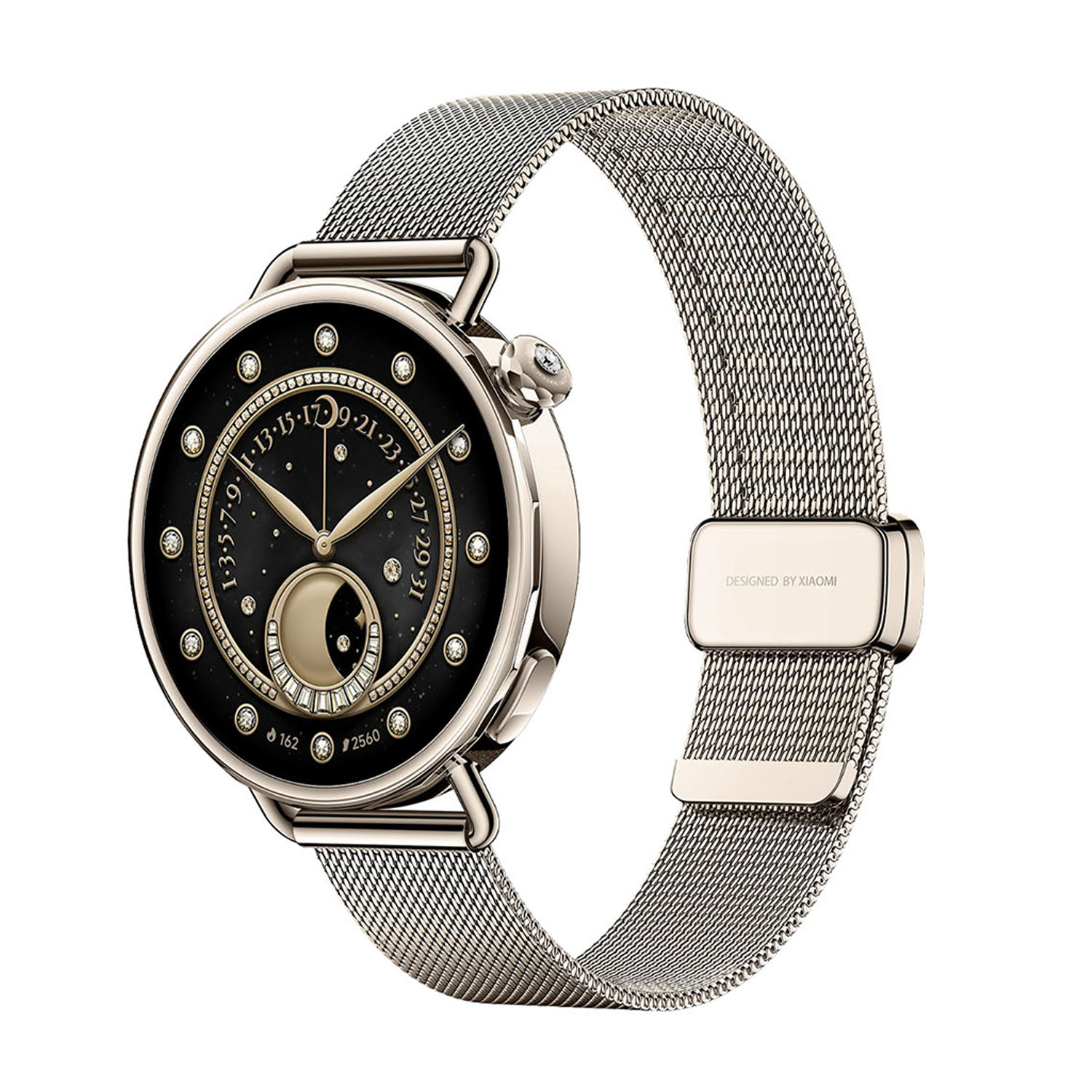 Uno smartwatch argentato con quadrante nero, dettagli oro e cinturino a maglia. Il quadrante mostra numeri e la fase lunare.