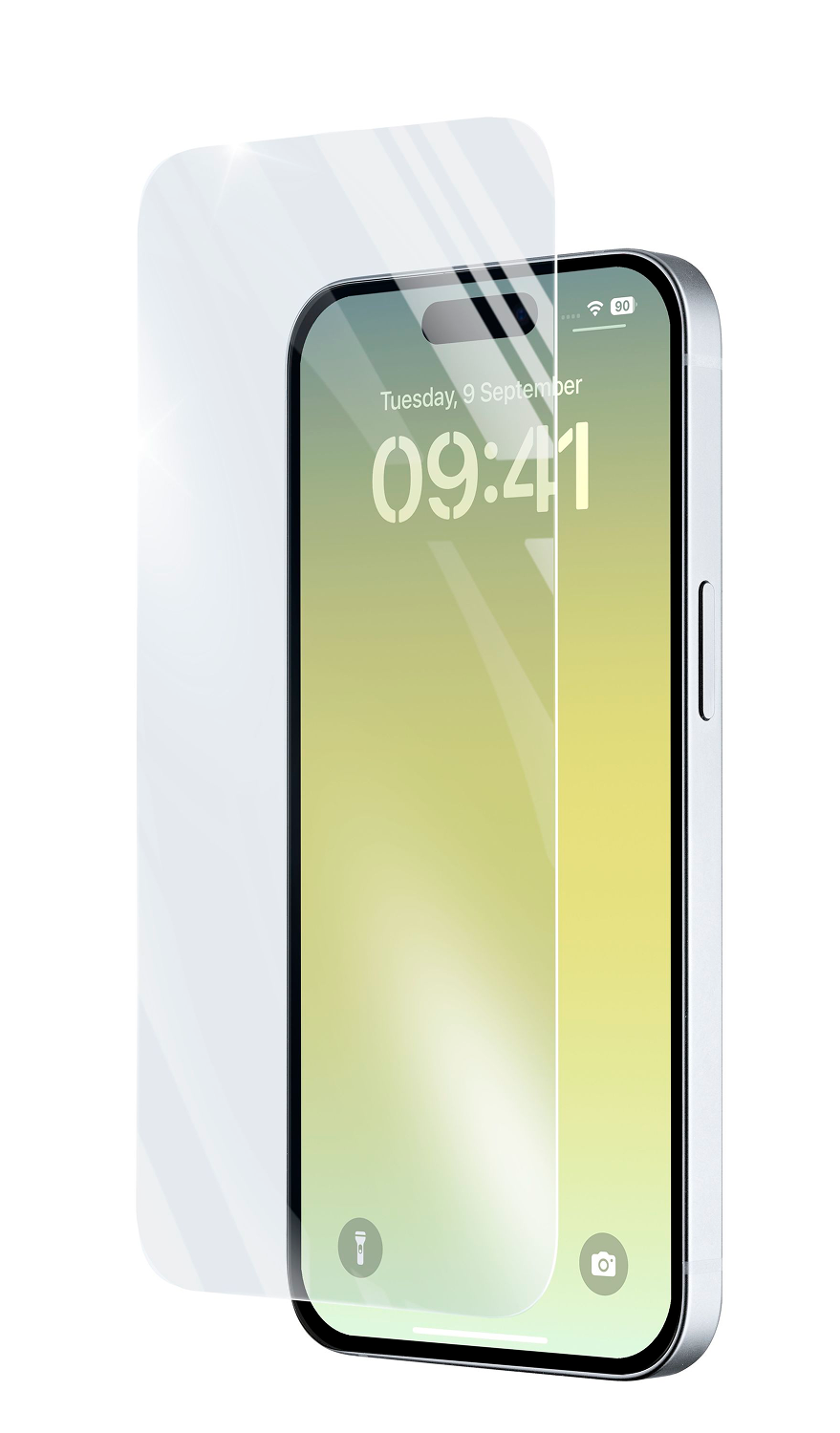Un iPhone plateado con protector de pantalla. La pantalla muestra la hora, la fecha e iconos. El protector es transparente.