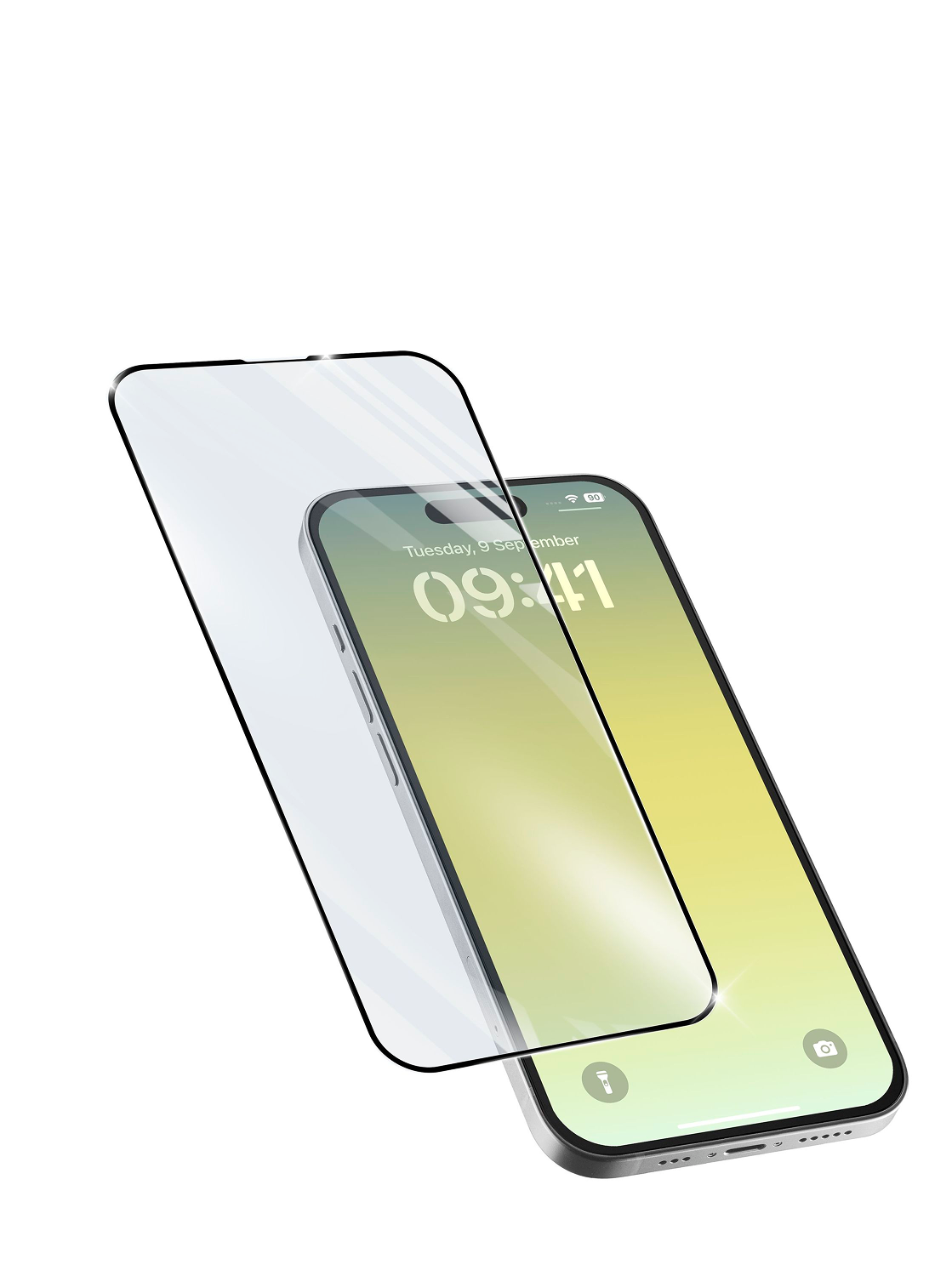 Un teléfono inteligente con protector de pantalla. La pantalla muestra la fecha y hora. El teléfono es plateado y tiene una cubierta de vidrio.