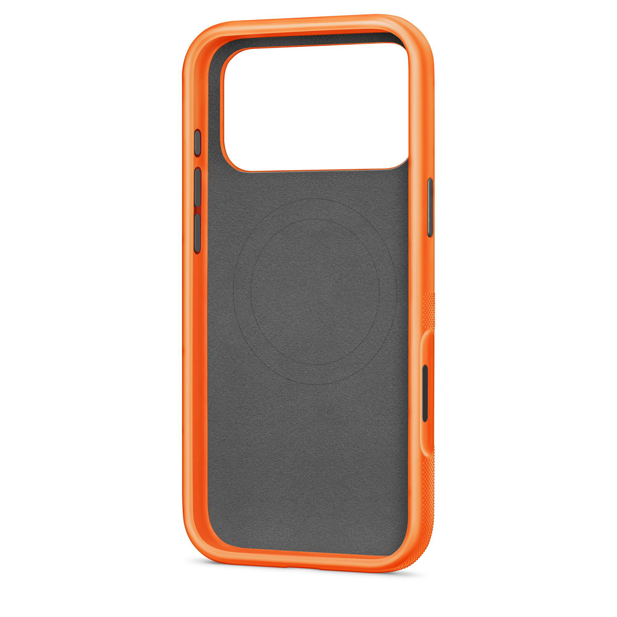Eine orangefarbene Handyhülle mit grauem Innenraum, mit Aussparungen für Kamera und Knöpfe und einer strukturierten Seite.