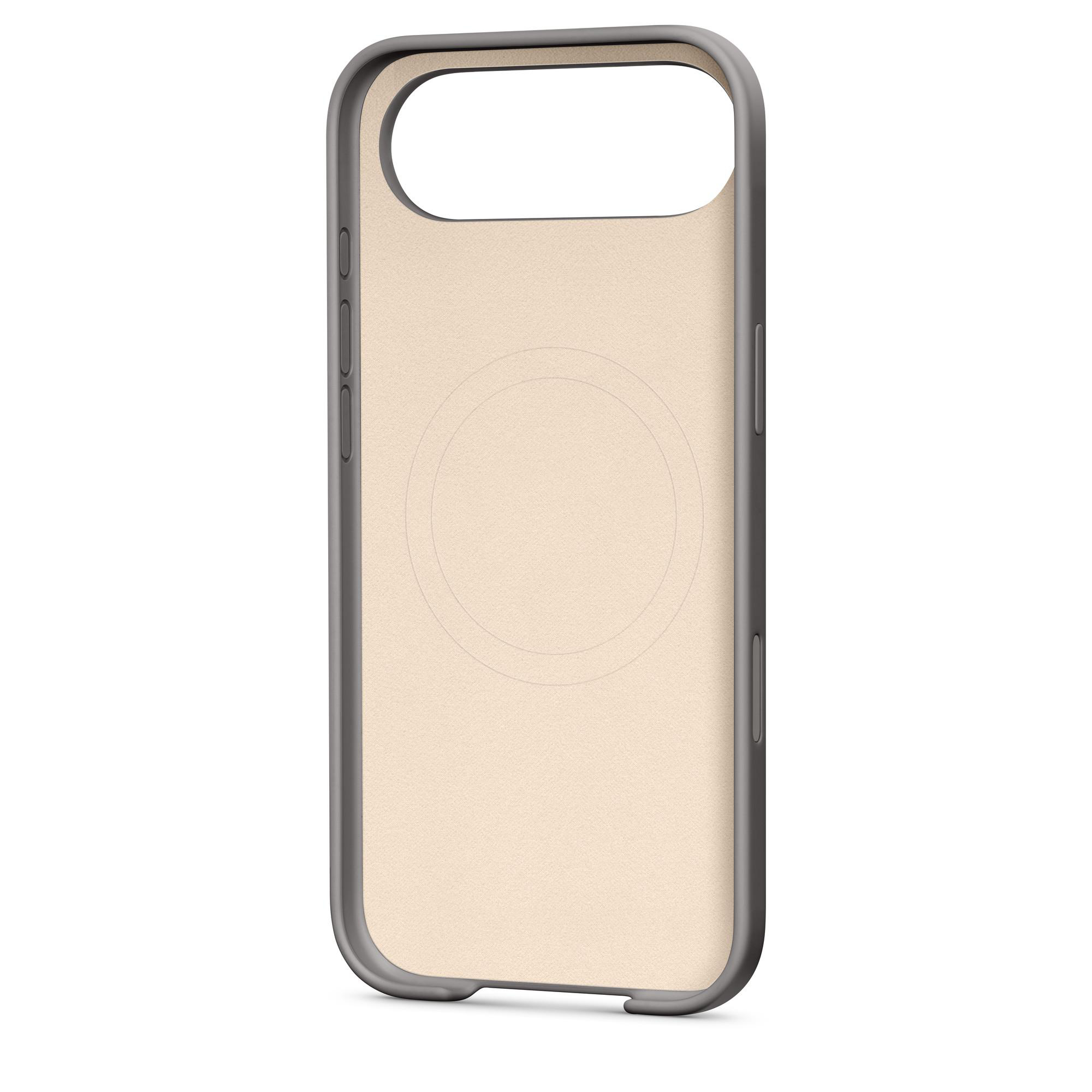 Eine Handyhülle, olivgrüner Rahmen mit beigem Innenraum, Aussparungen für Kamera und Knöpfe, und ein kreisförmiges Design in der Mitte.