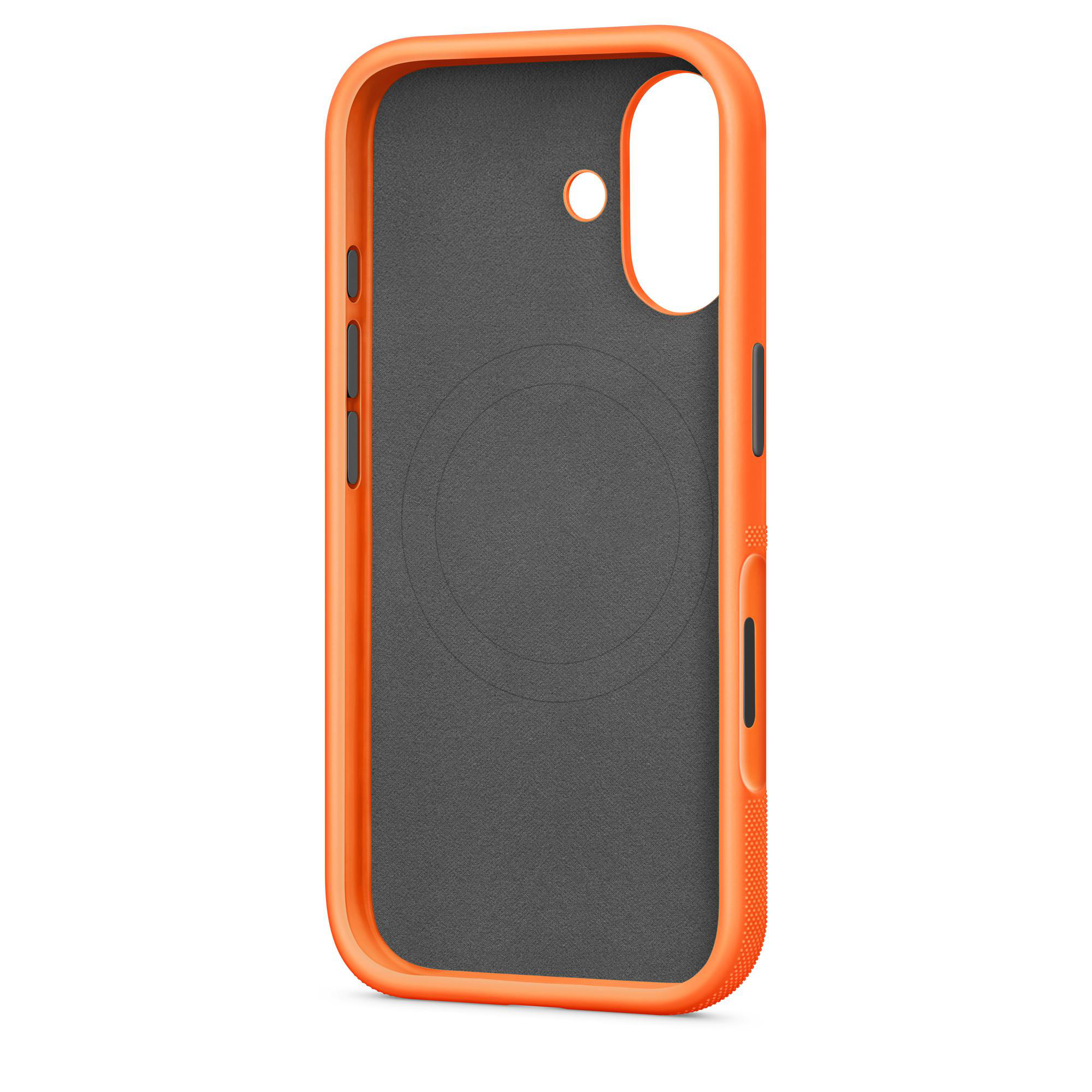 Eine orangefarbene Handyhülle mit dunkelgrauem Innenraum. Sie hat Aussparungen für Kamera und Knöpfe.