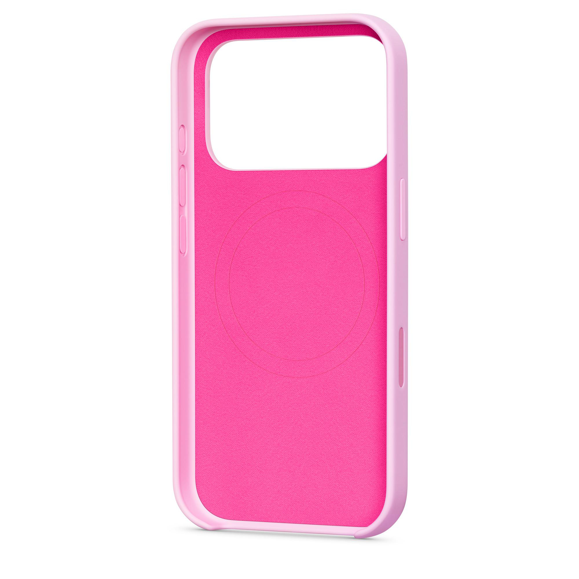 Eine pinkfarbene Handyhülle mit einem helleren pinkfarbenen Rahmen, die das Innere und die Kanten zeigt. Auf weißem Hintergrund.