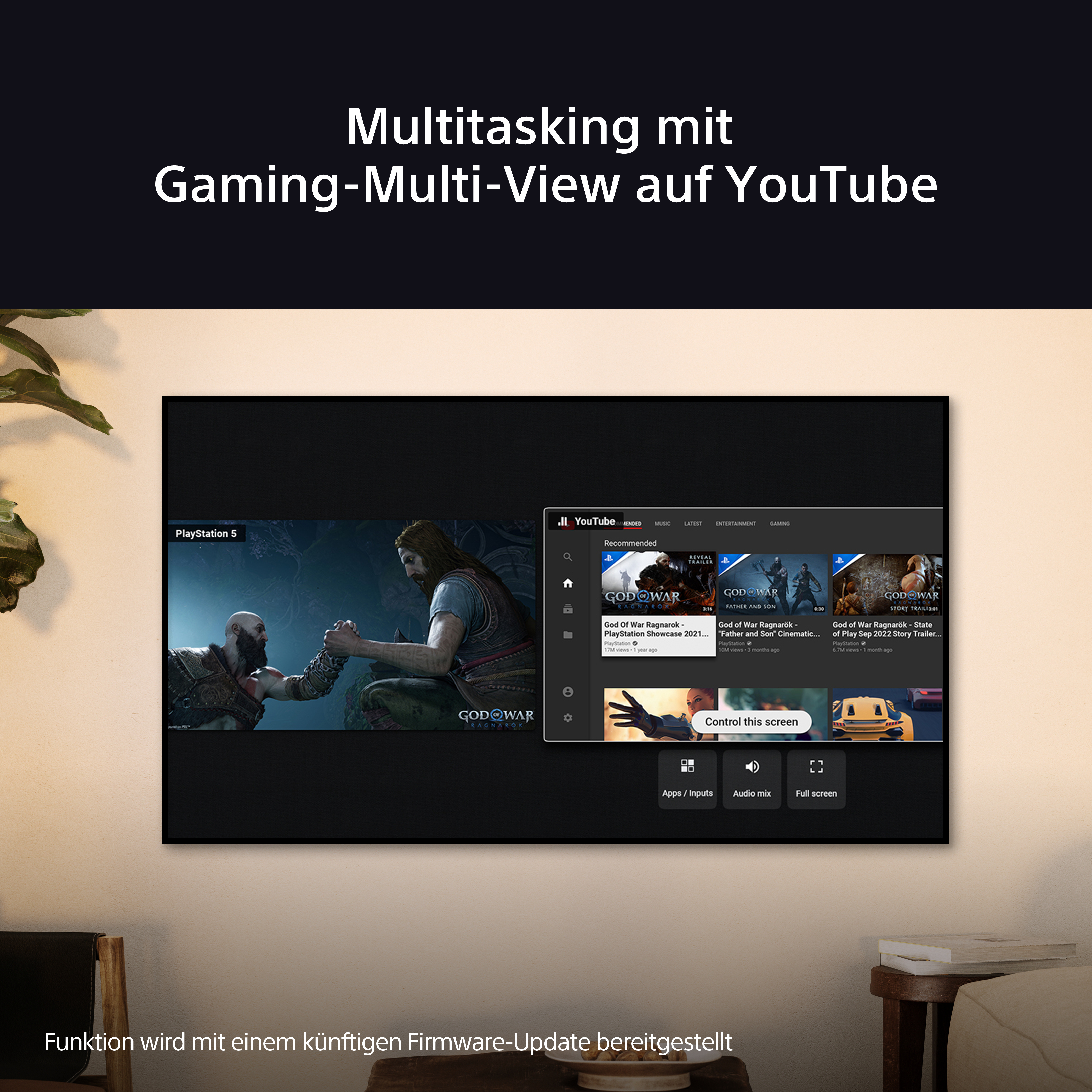 Fernseher mit YouTube. Spieloberfläche, Text für zukünftige Firmware-Updates. Ein PlayStation 5 Spiel läuft.