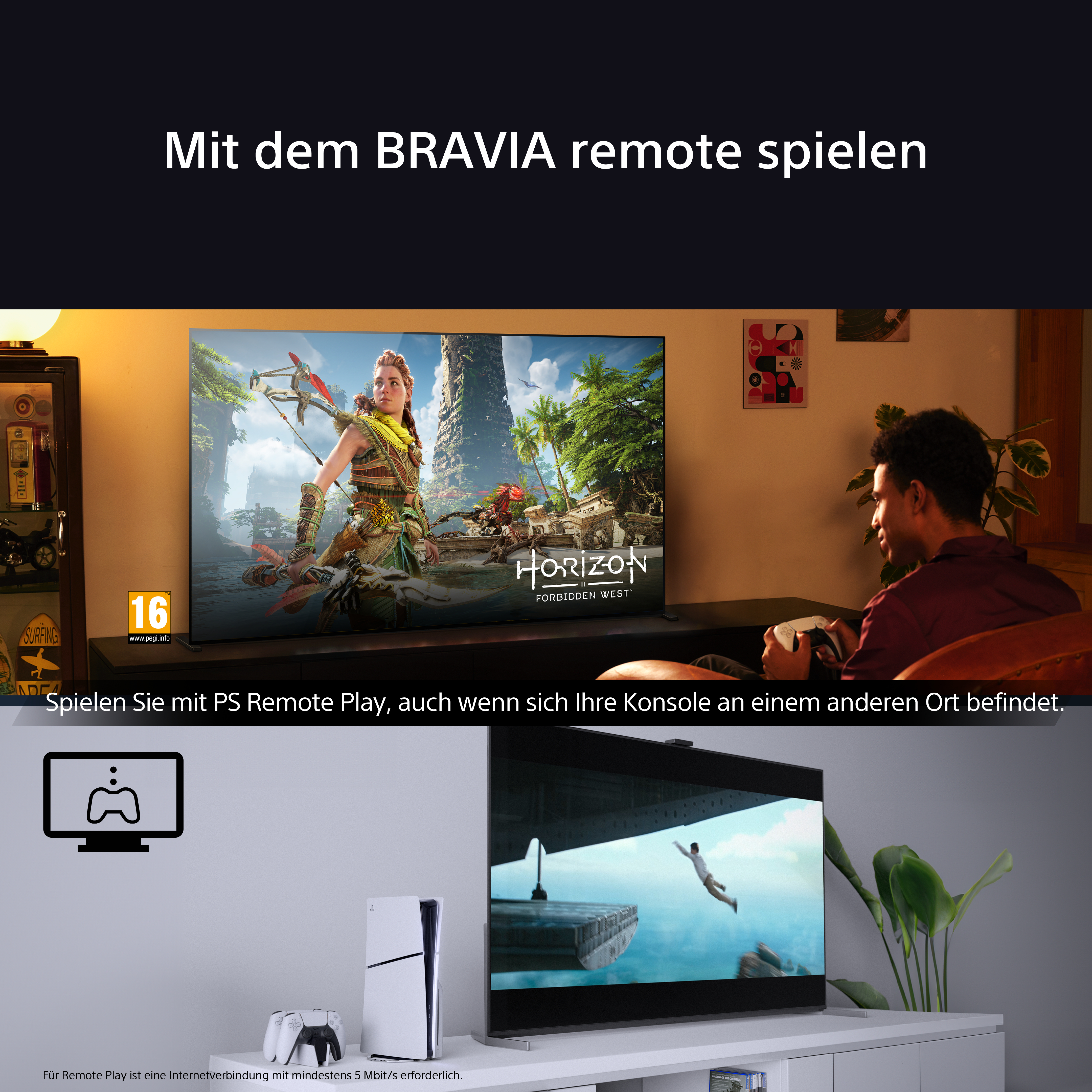 Ein Mann spielt ein Videospiel auf einem Fernseher. Der Spielbildschirm wird im Hintergrund angezeigt. Eine PS5 befindet sich links.