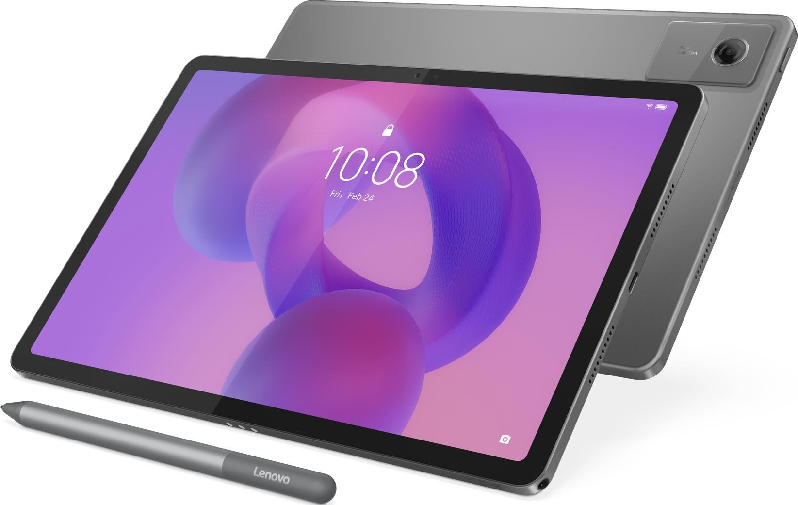 Une tablette Lenovo affichant l'heure et la date, avec un stylet au premier plan. Une autre tablette est derrière.