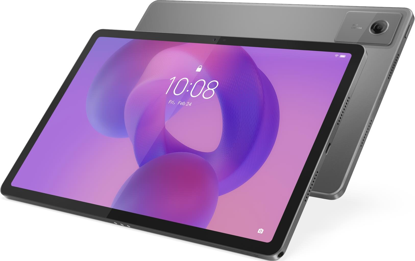 Une tablette grise affichant l'heure 10h08. L'écran affiche un fond violet et rose. Une autre tablette est derrière.