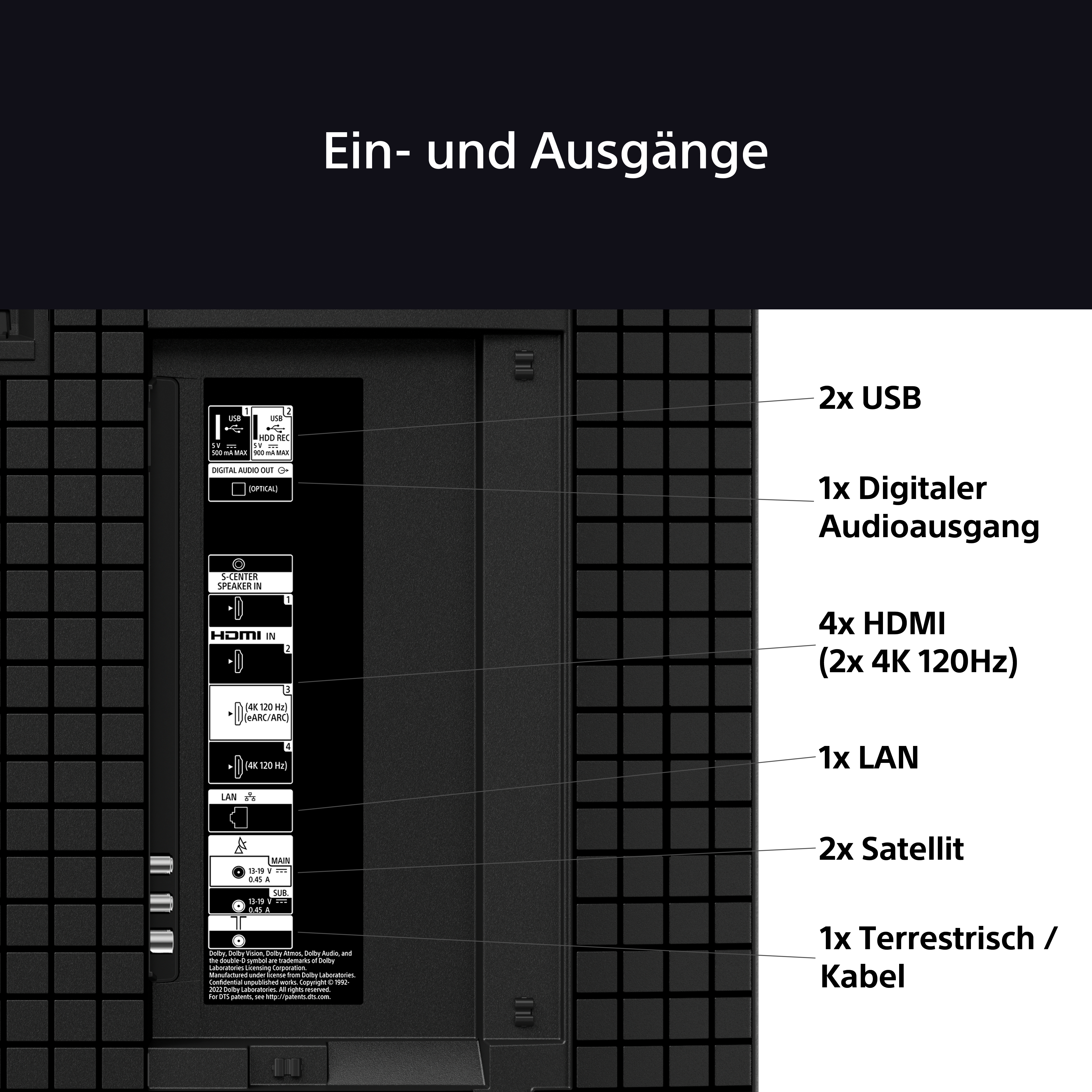 Rückseite des Fernsehers mit Anschlüssen in Deutsch. Enthält USB, HDMI, LAN, Satelliten- und terrestrische/Kabel-Anschlüsse.