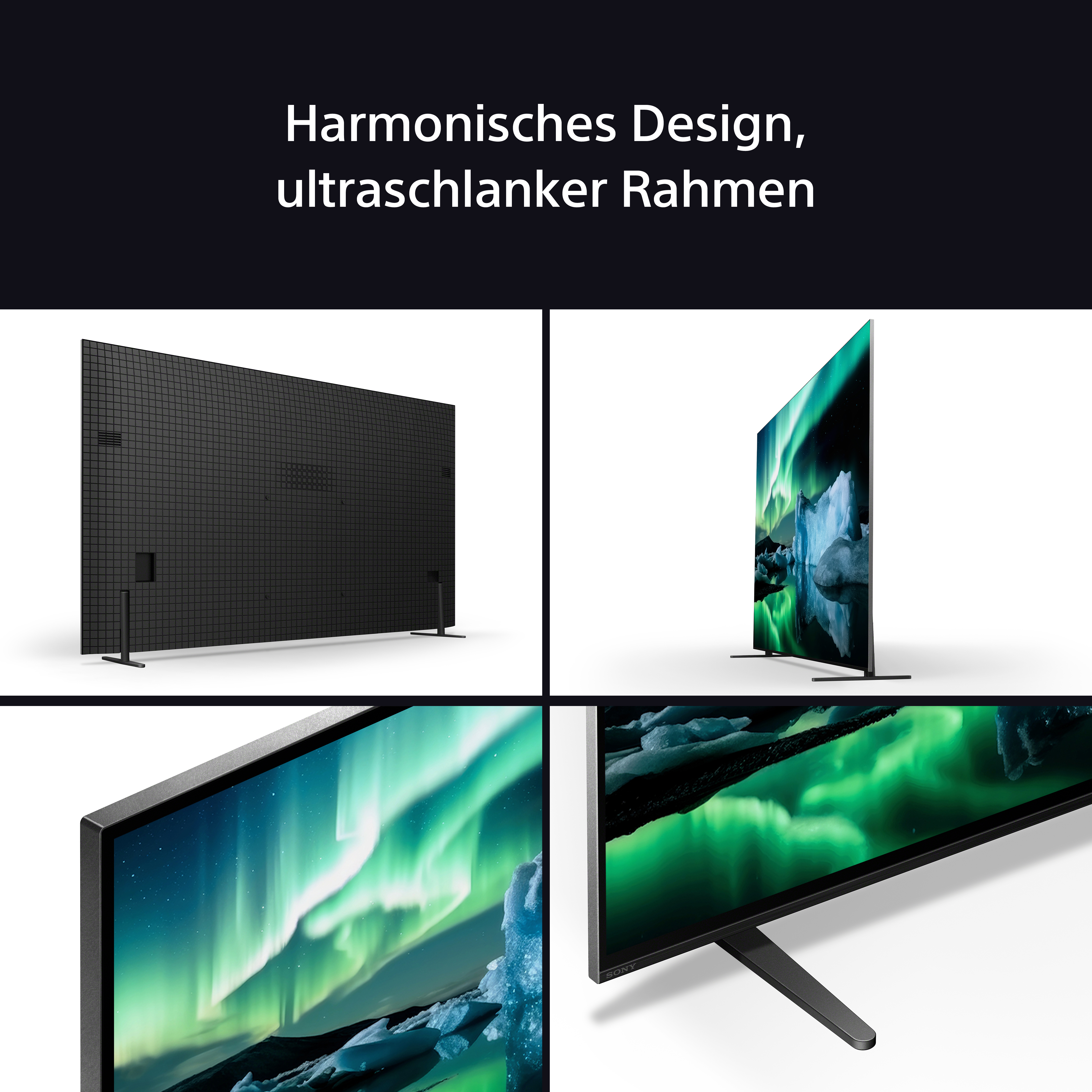 Vier Bilder eines Fernsehers, die sein Design zeigen: Rückansicht, Seitenansicht mit Aurora, Nahaufnahme des Rahmens und Frontansicht.