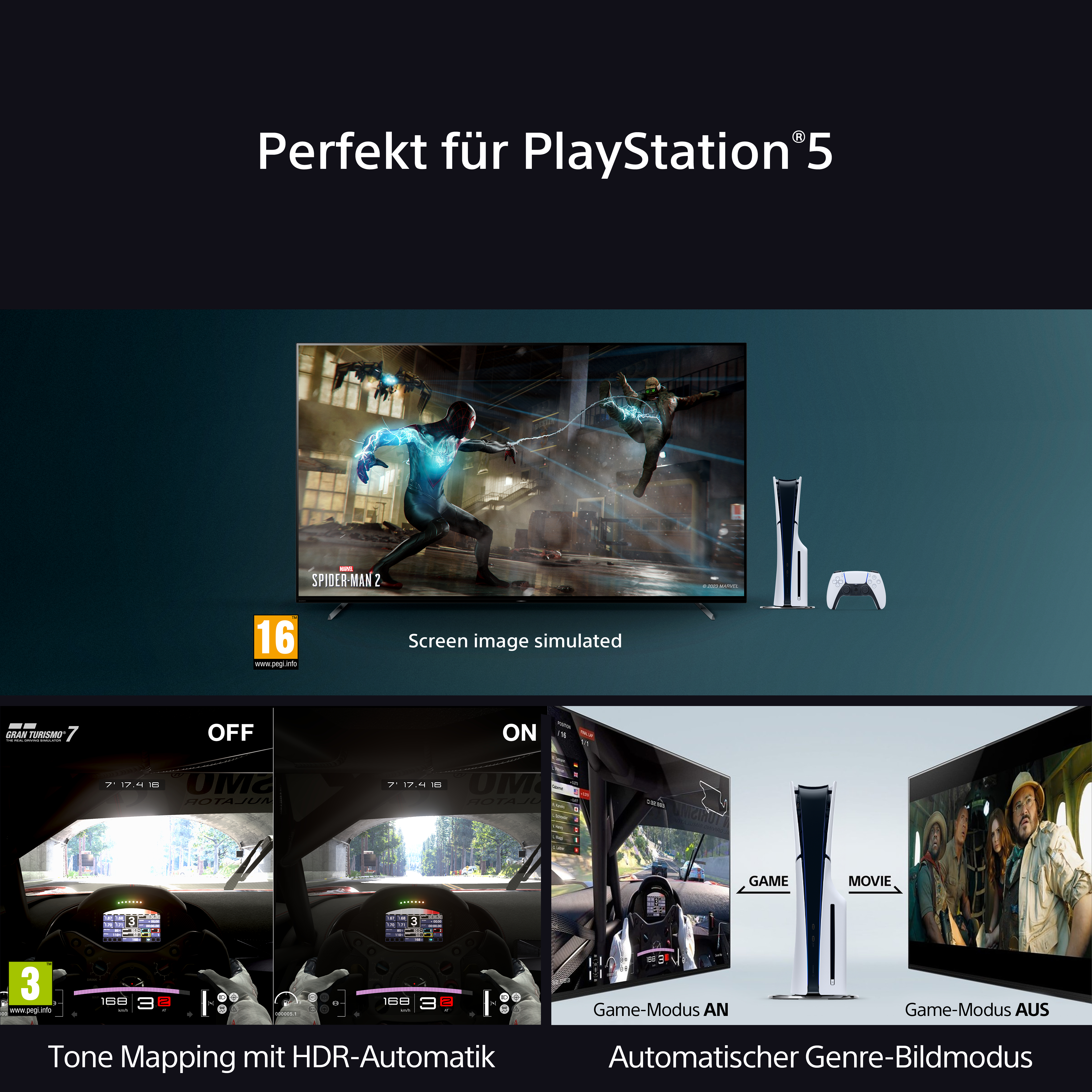 Werbung für PlayStation 5. Es zeigt einen Fernseher mit Spider-Man 2 Gameplay, eine Konsole und Spielmodi-Optionen.