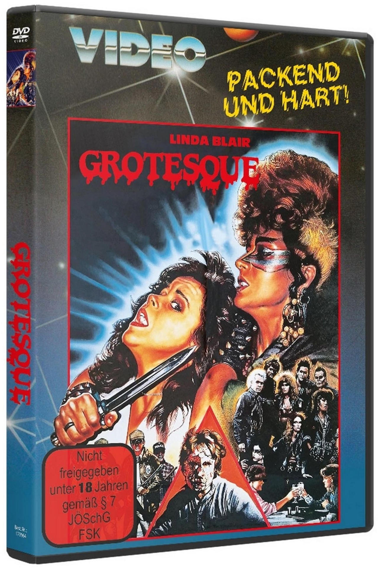 DVD-Cover von 'Grotesque' mit zwei Frauen und einem Messer. Unten eine Gruppe von Menschen. Der Titel ist rot.