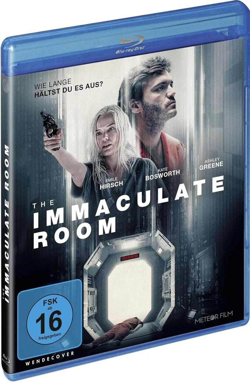 Blu-ray-Cover von 'The Immaculate Room'. Eine Frau zielt mit einer Waffe. Andere Schauspieler sind im Hintergrund. Der Raum und eine Person sind ebenfalls zu sehen.