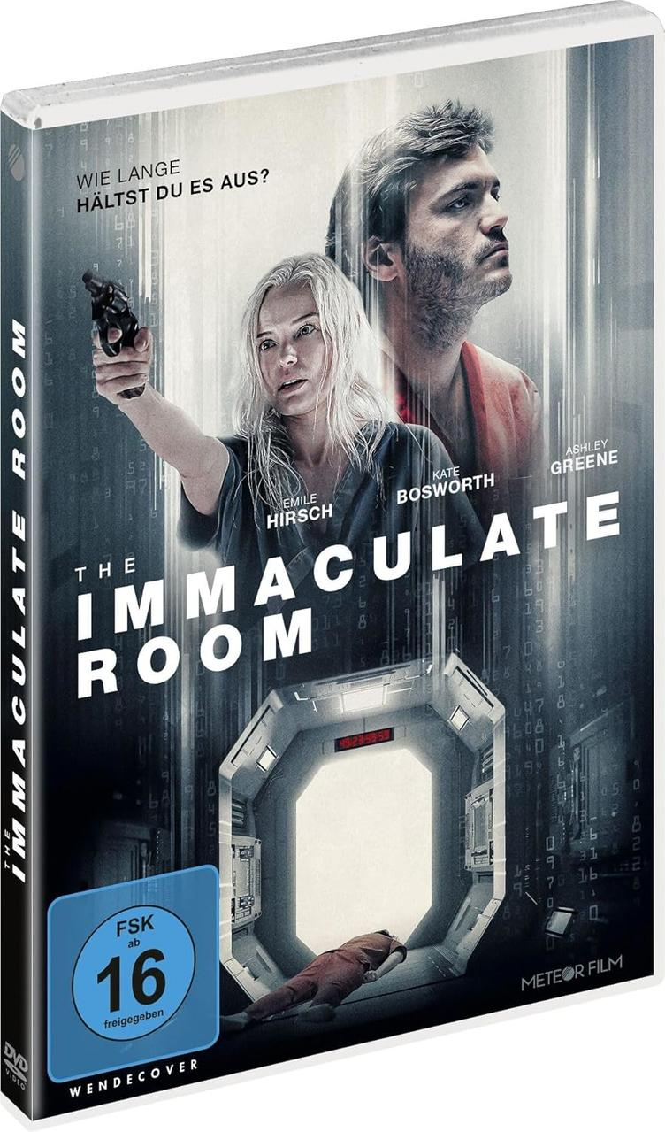 DVD-Cover für "The Immaculate Room". Eine Frau mit Waffe, ein Mann und ein futuristischer Raum sind zu sehen. Text enthält Namen der Schauspieler.
