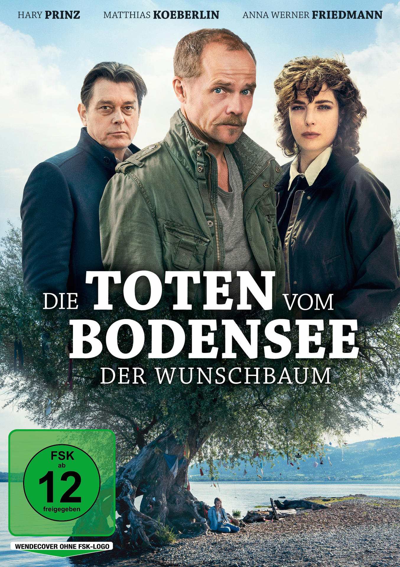 Filmposter mit drei Schauspielern, Titeltext, einem See und einem Baum. Das Poster wirbt für 'Die Toten vom Bodensee'.