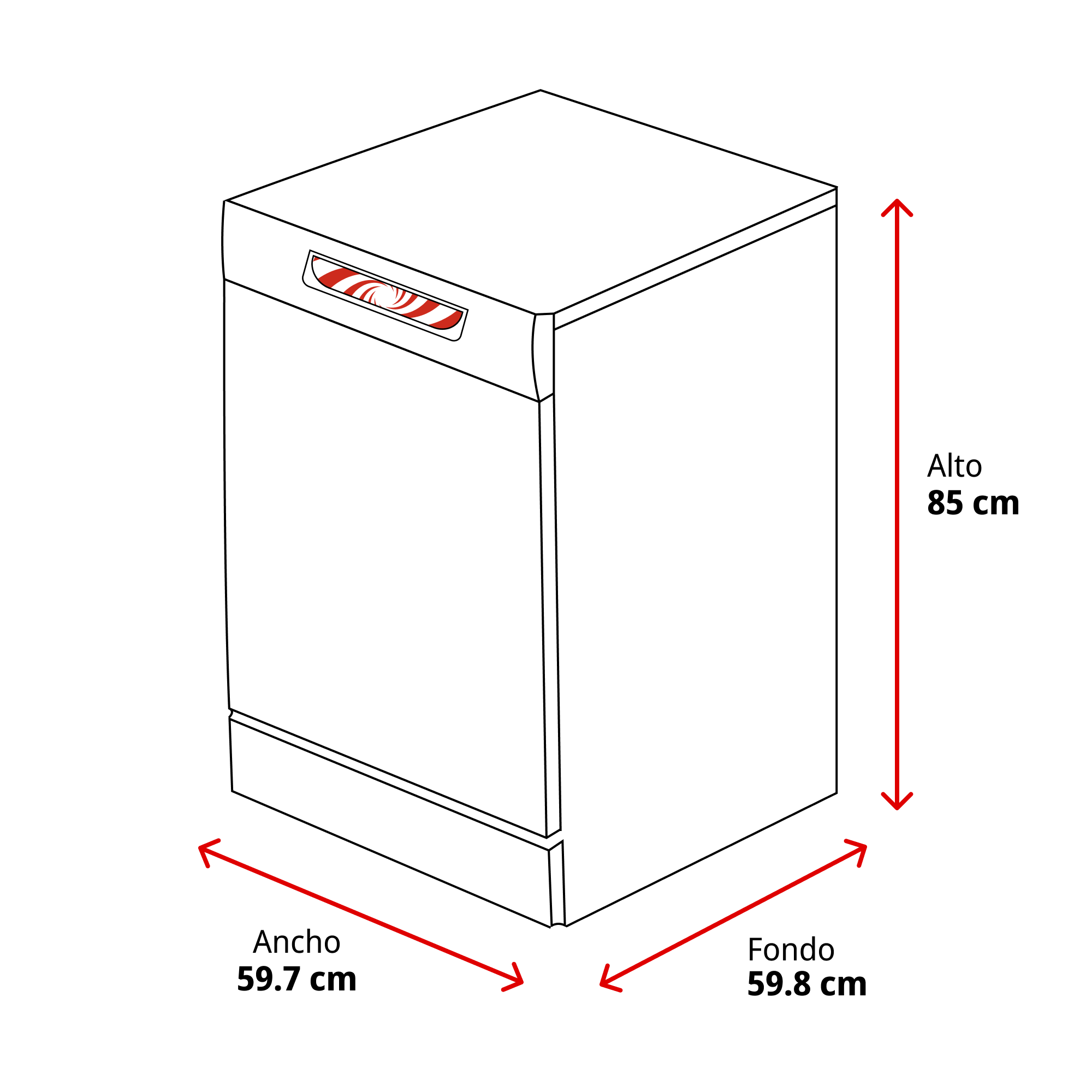 Un lavavajillas blanco con dimensiones etiquetadas. La altura es 85 cm, el ancho 59,7 cm y la profundidad 59,8 cm.