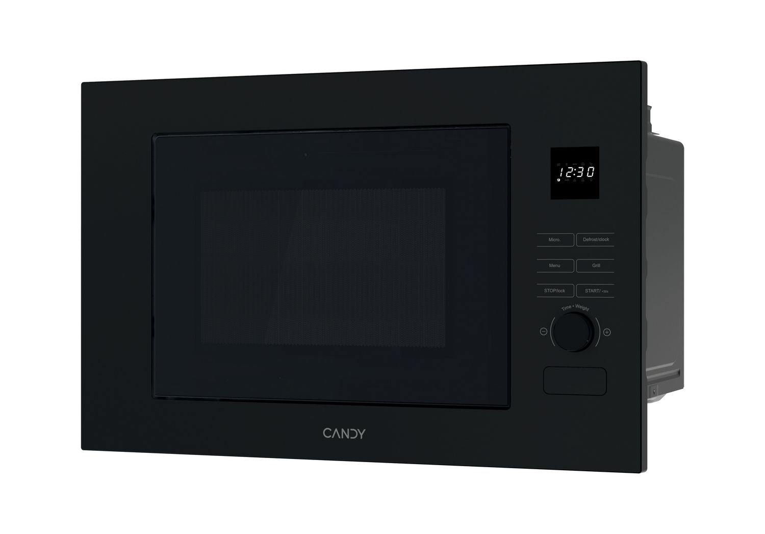 Un horno microondas negro con un reloj digital que muestra las 12:30. Tiene botones de control y la marca 'CANDY' es visible.