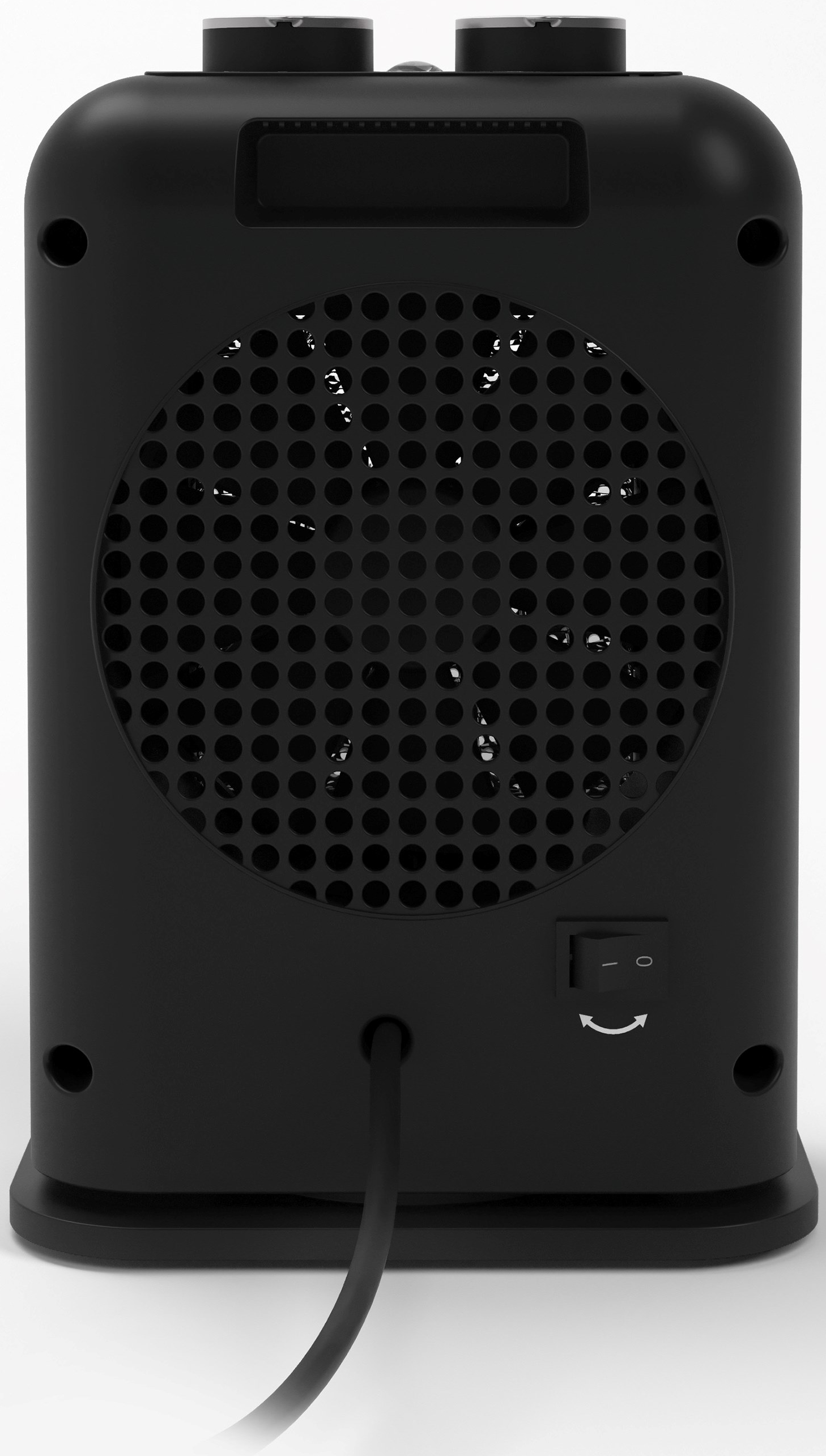 Schwarze Elektroheizung mit rundem Grill und Schalter. Das Kabel geht nach unten. Der Hintergrund ist weiß.
