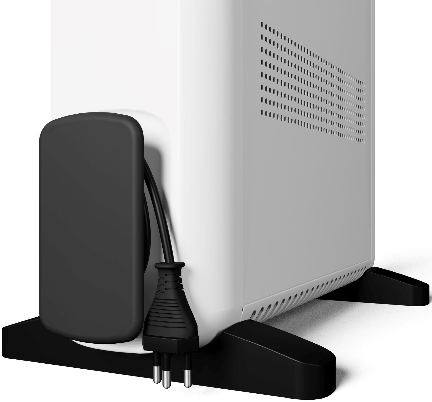 Ein weißer Elektroheizer mit schwarzem Stecker und schwarzem Ständer. Der Heizer hat Lüftungslöcher und ein Netzkabel.