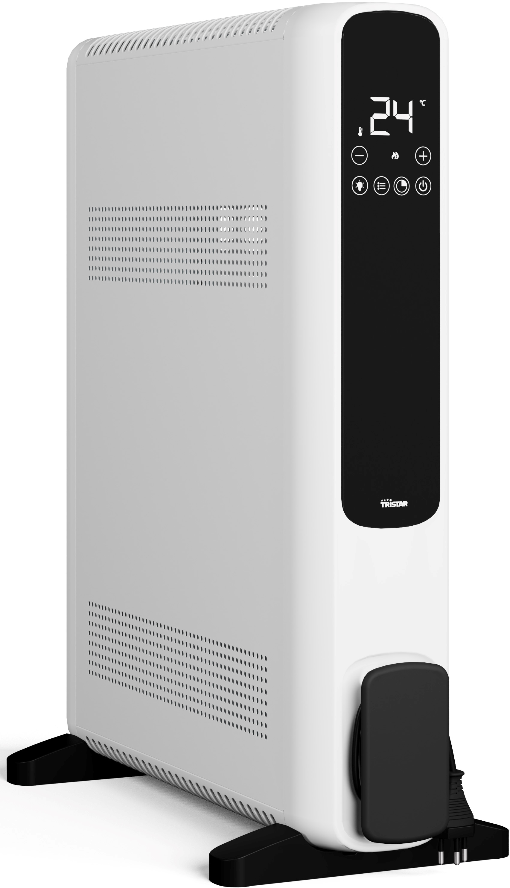 Un termoventilatore elettrico bianco e nero con display digitale che mostra 24 gradi. Ha una base nera e un cavo di alimentazione.