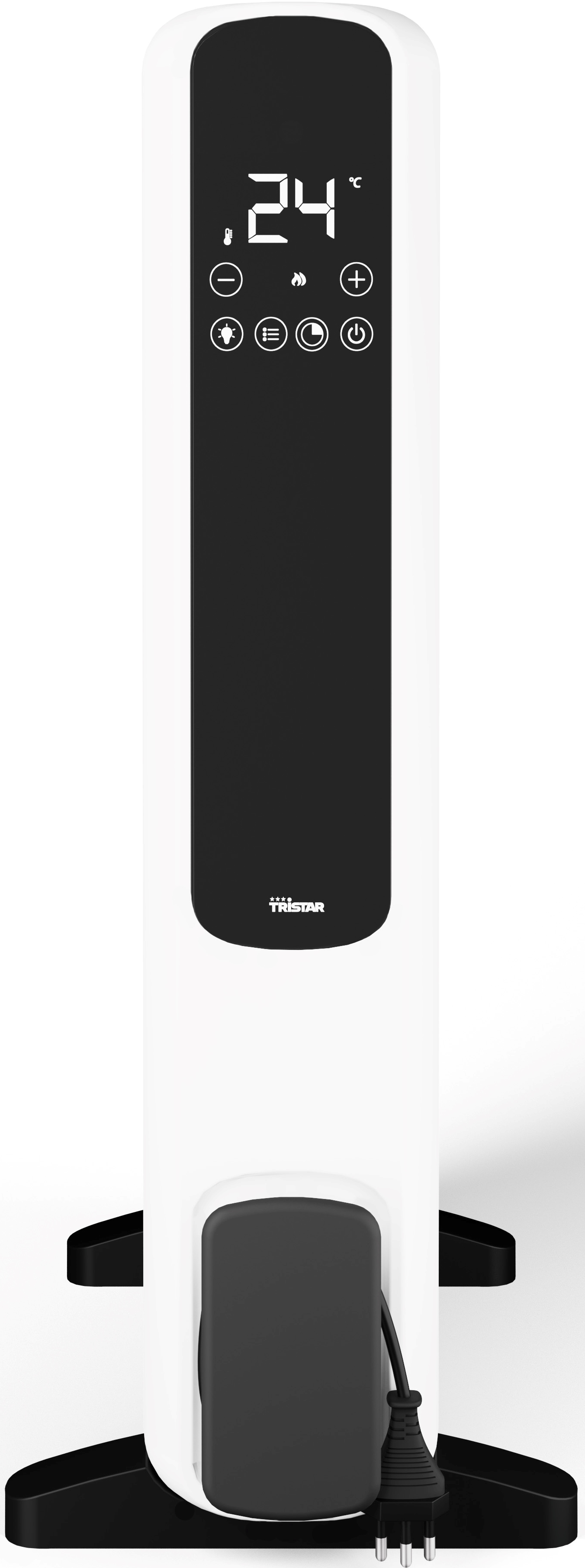 Termoventilatore elettrico bianco e nero. Display digitale mostra 24°C. Pulsanti per le impostazioni. Base e spina neri.