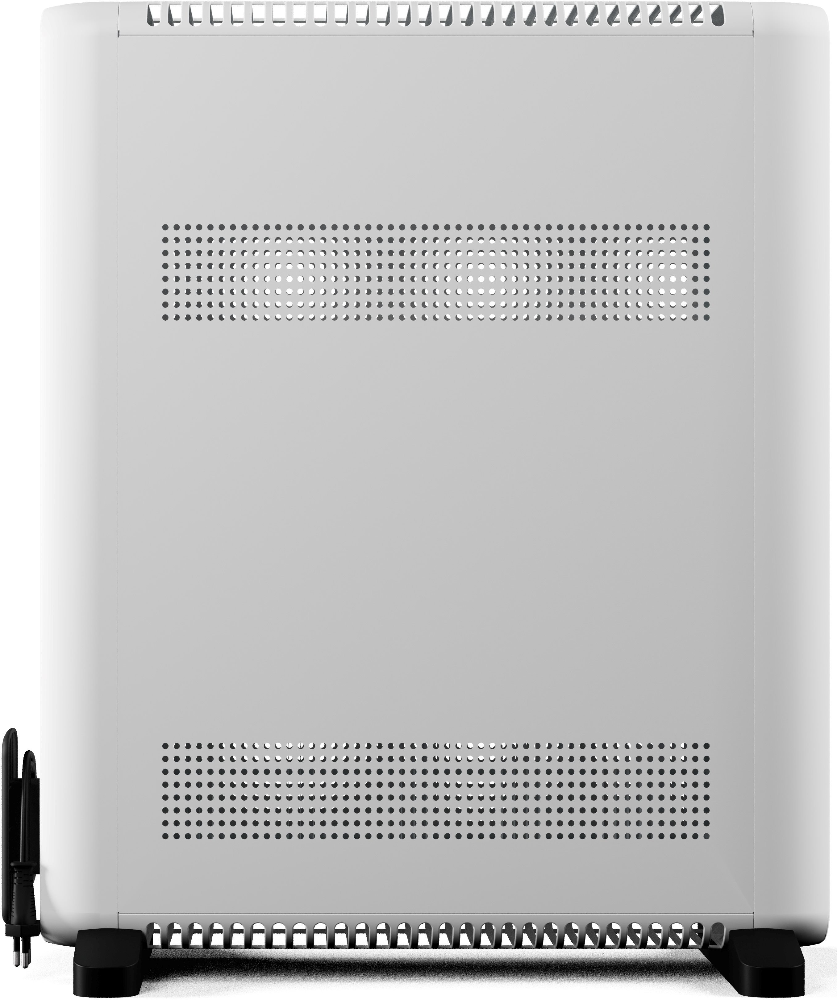 Un termoventilatore elettrico bianco. Ha sezioni perforate e una base nera.