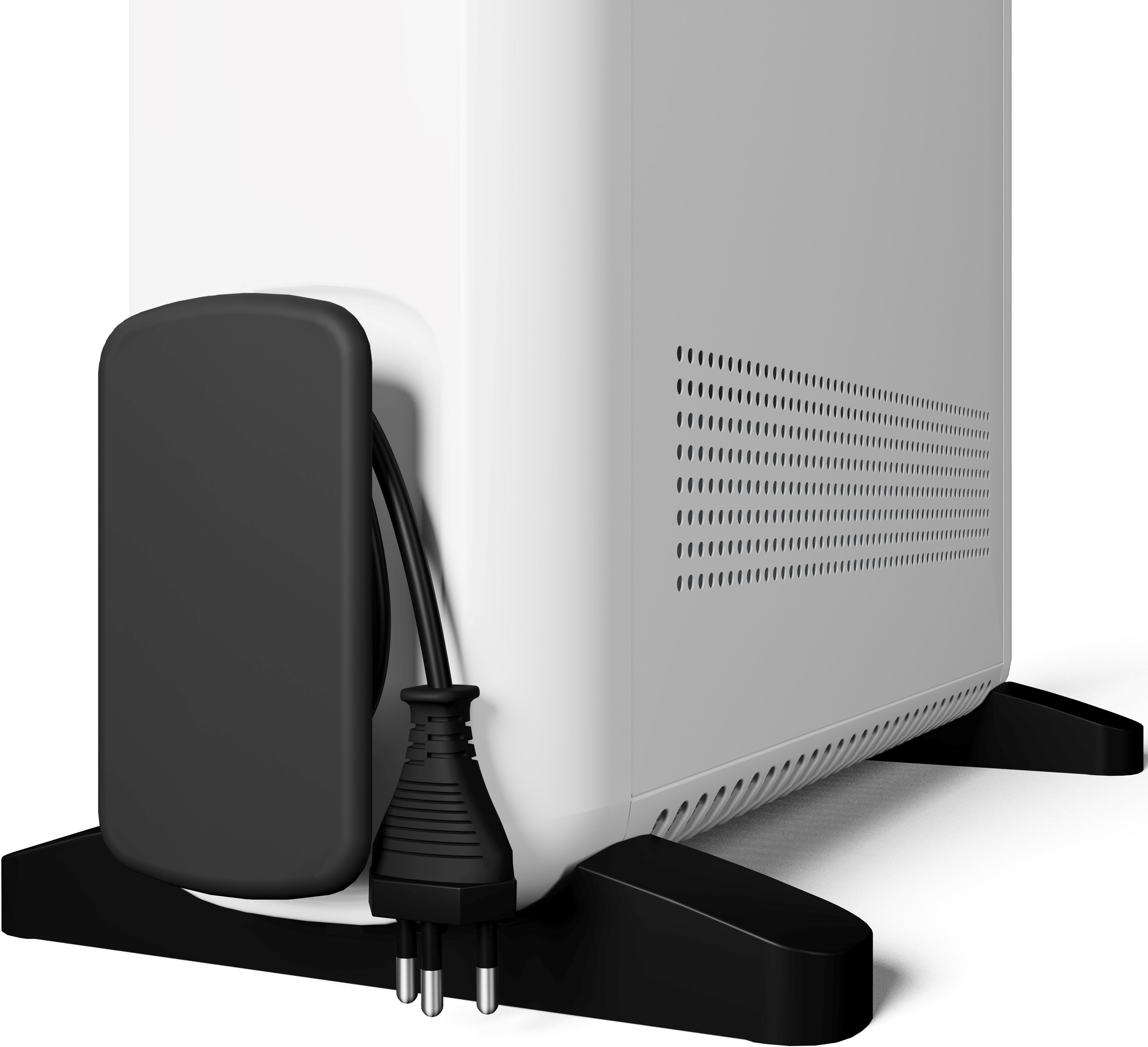 Un termoventilatore elettrico con spina. È bianco e grigio con dettagli neri. La spina è inserita.