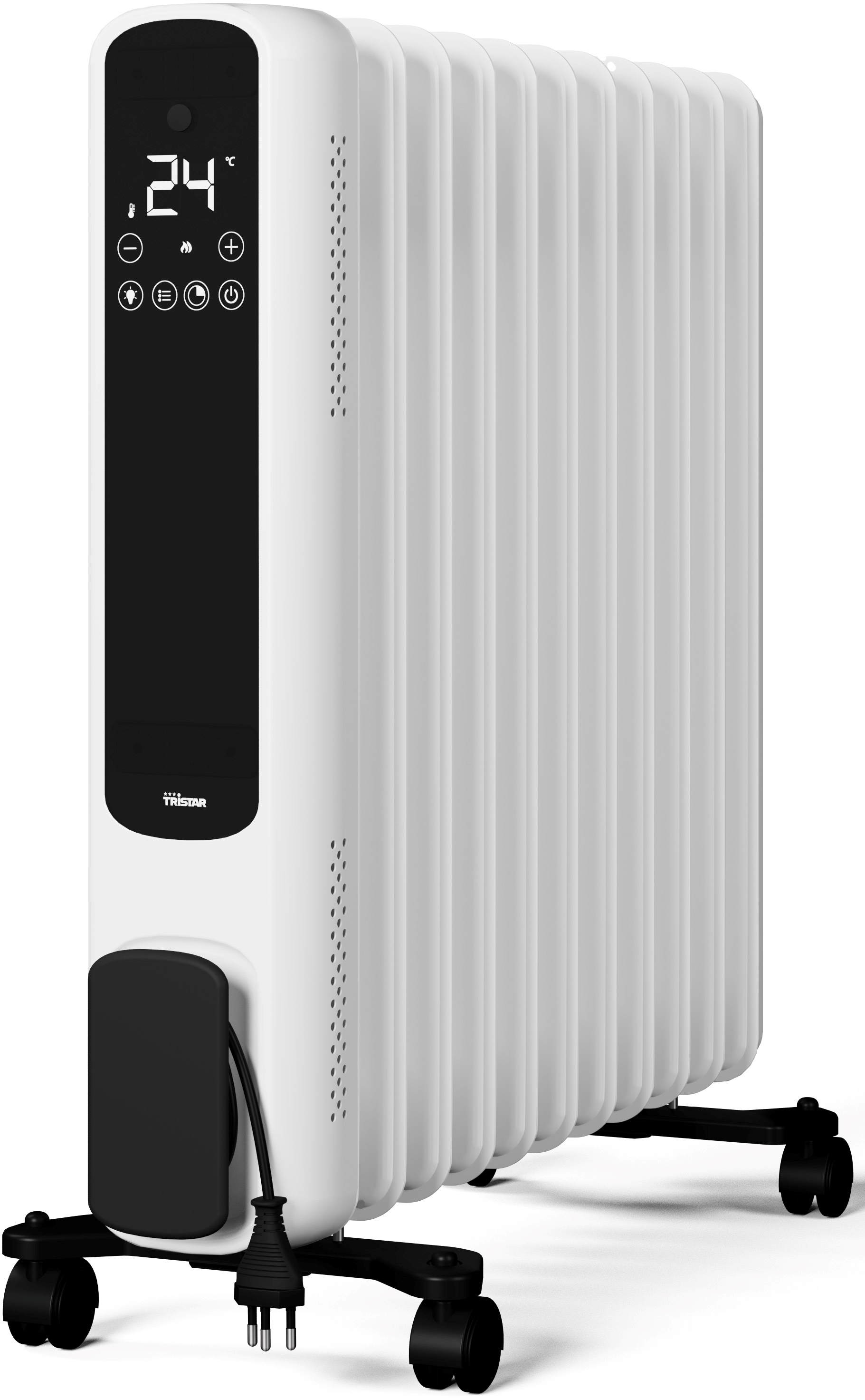 Un radiatore bianco con display digitale che mostra 24 gradi. Ha ruote e un cavo di alimentazione nero.