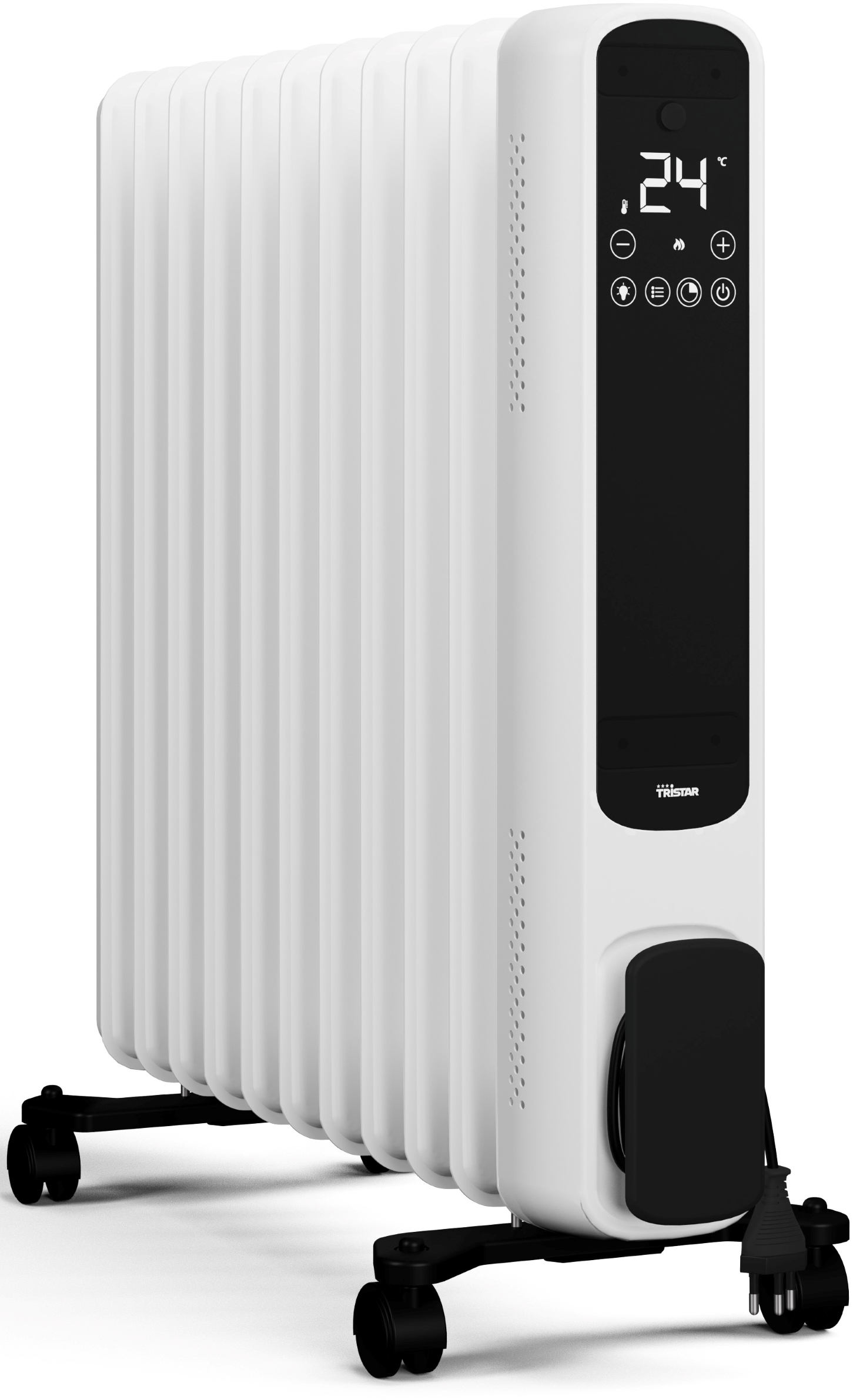 Radiatore a olio bianco con display digitale che mostra 24 gradi. Ha ruote e cavo nero.