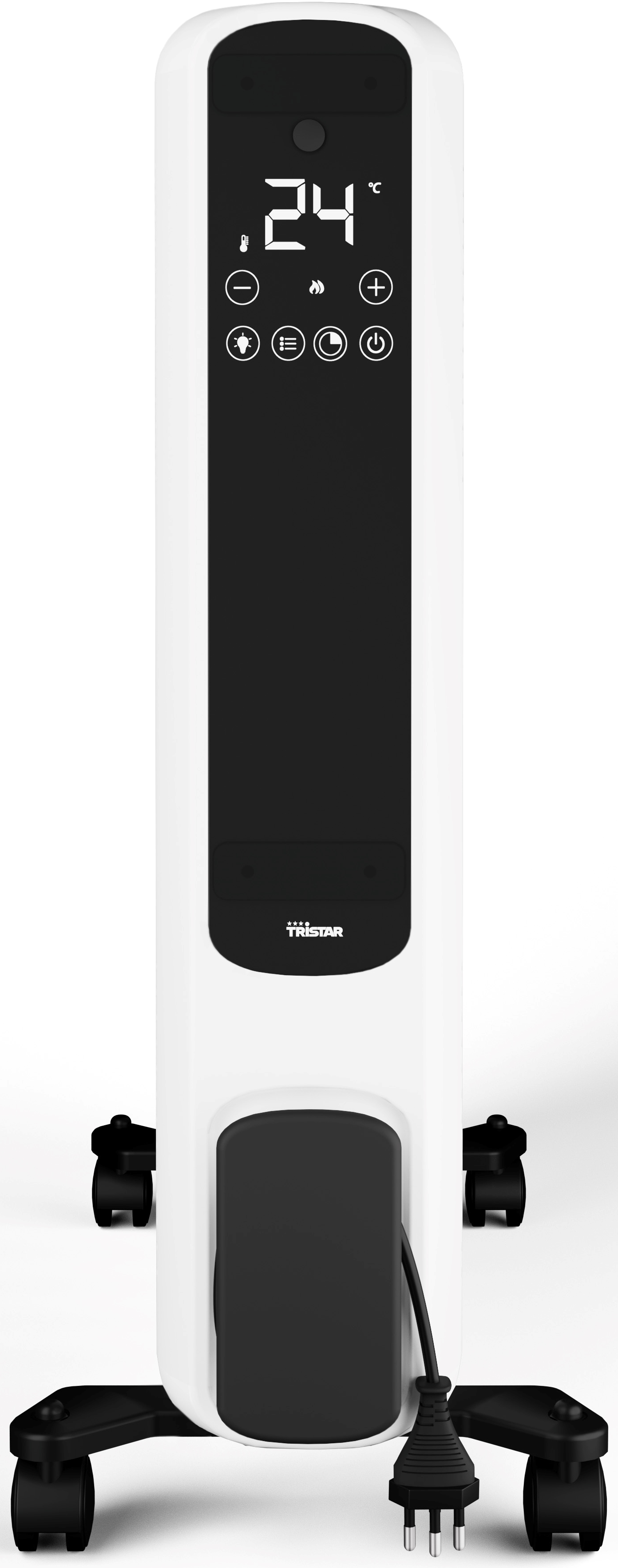 Un termoventilatore elettrico bianco con pannello di controllo nero che mostra 24 gradi. Ha ruote e cavo di alimentazione.
