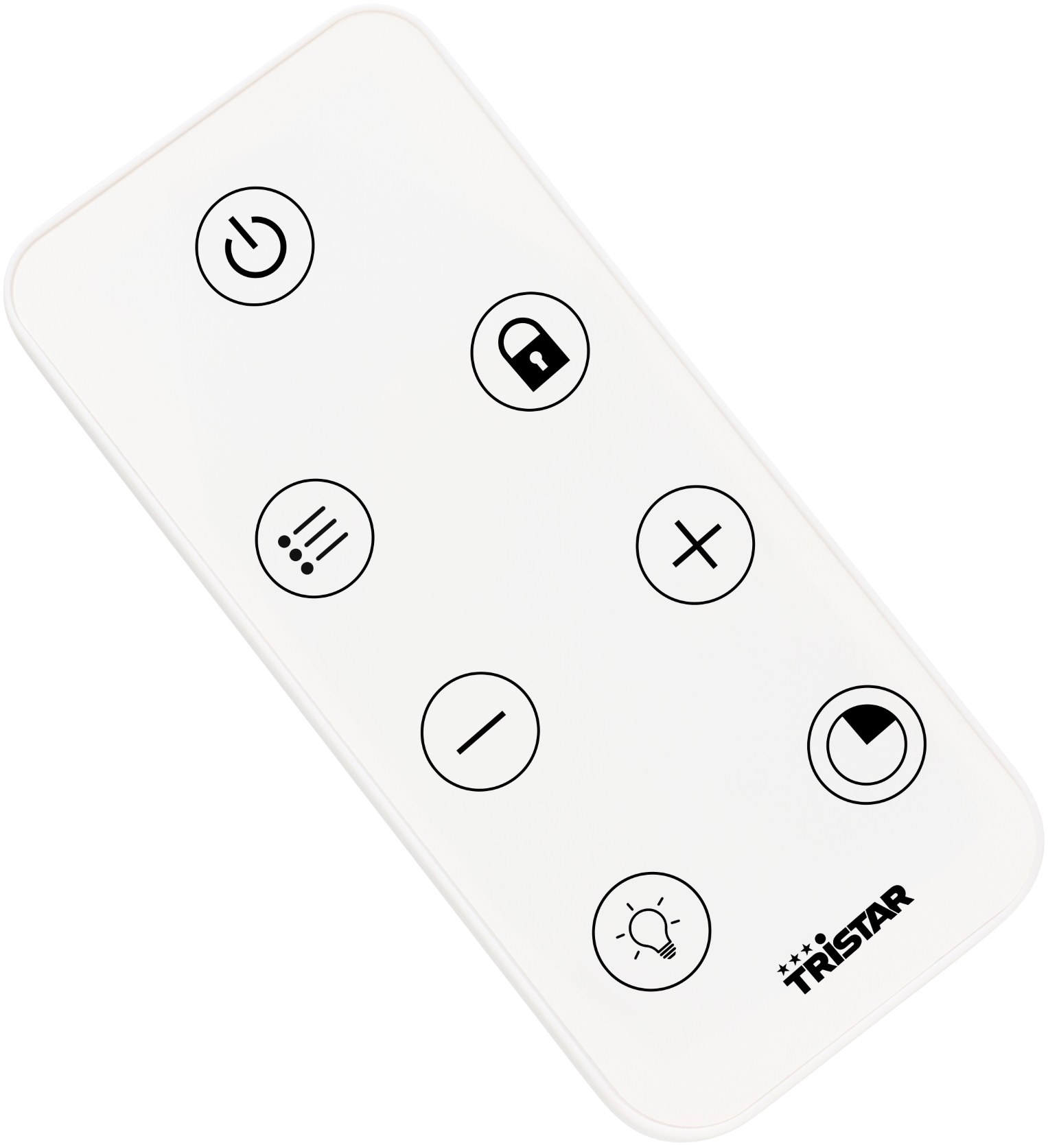 Telecomando Tristar bianco con pulsanti accensione, blocco, meno, più, timer, luce e menu.