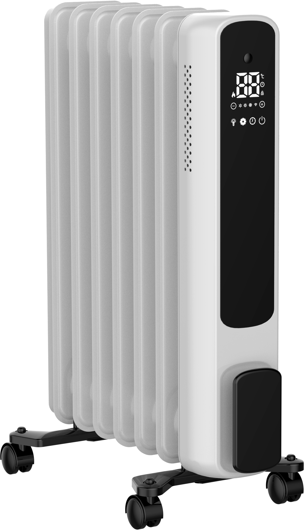 Radiatore a olio bianco e grigio con display digitale, base nera con ruote, isolato su sfondo bianco.
